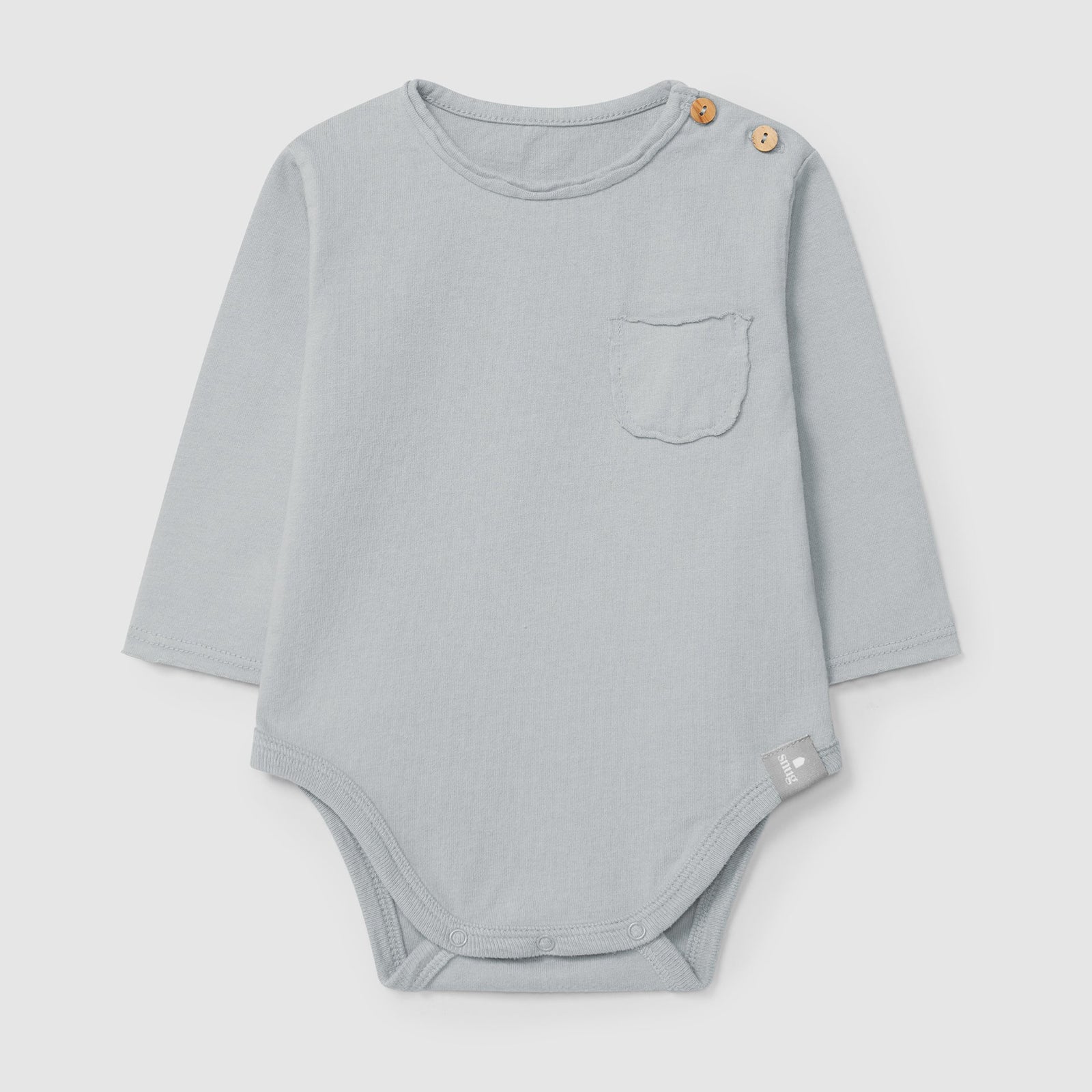 Gray baby bodysuit with a pocket on a light gray background