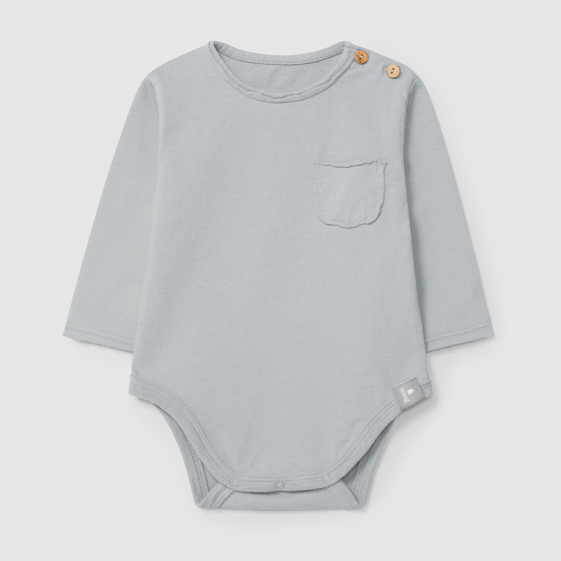 Gray baby bodysuit with a pocket on a light gray background