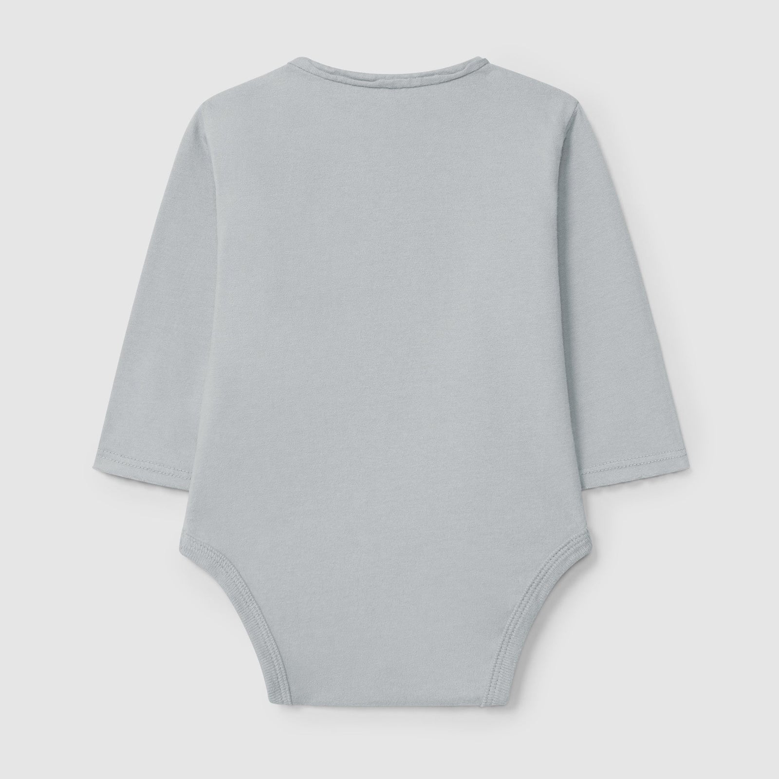 Gray baby bodysuit with a pocket on a light gray background