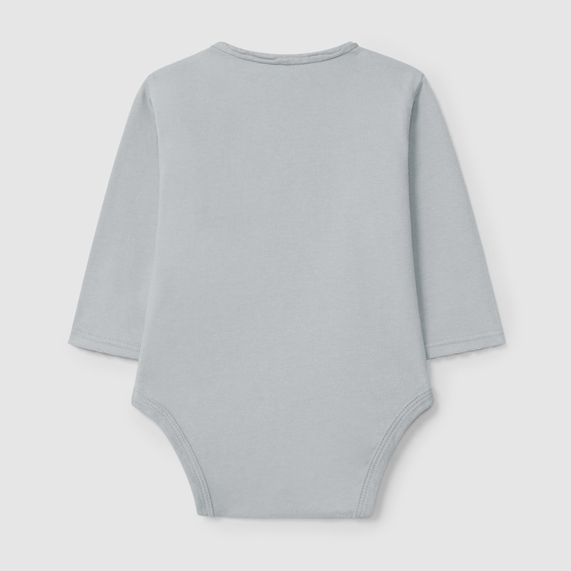 Gray baby bodysuit with a pocket on a light gray background