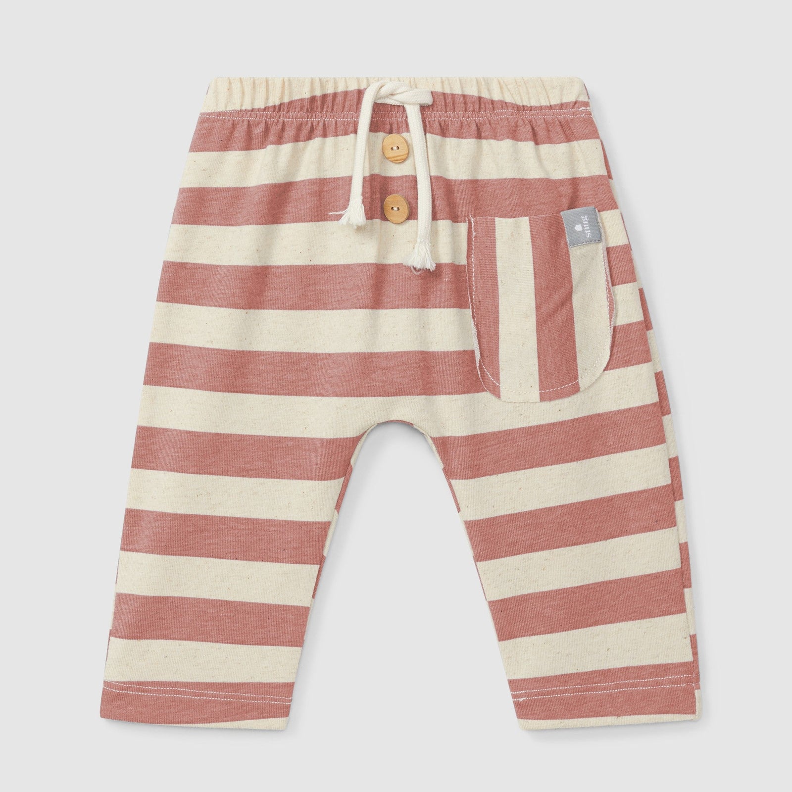 Striped baby pants with a pocket on a light gray background
