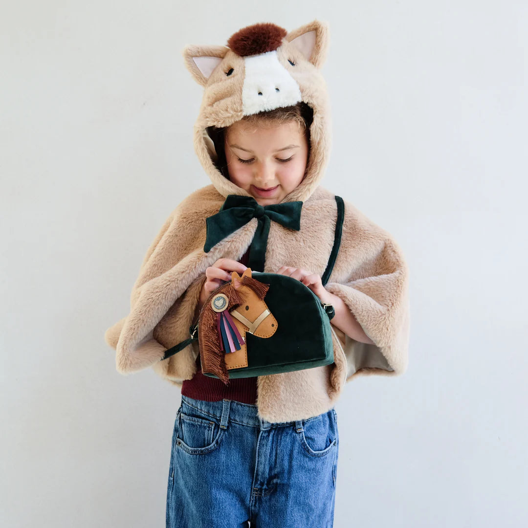Child wearing a horse-themed poncho with a hood, holding a small horse plush toy.