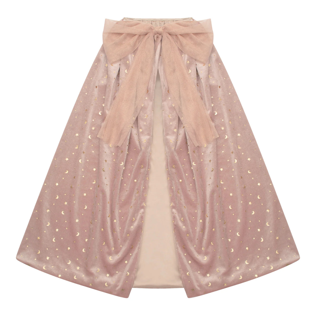 Pink cape with star pattern and bow on a white background