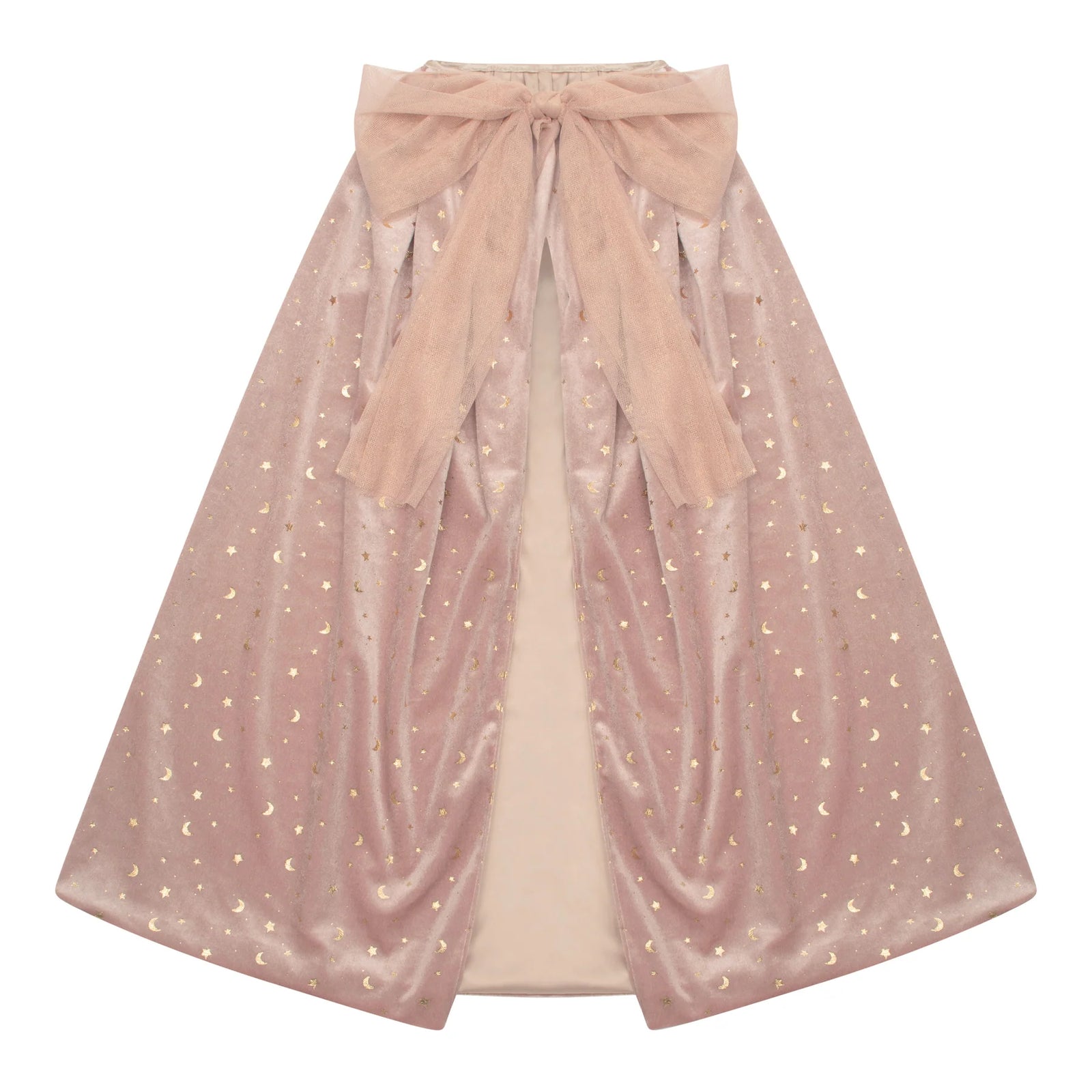 Pink cape with star pattern and bow on a white background