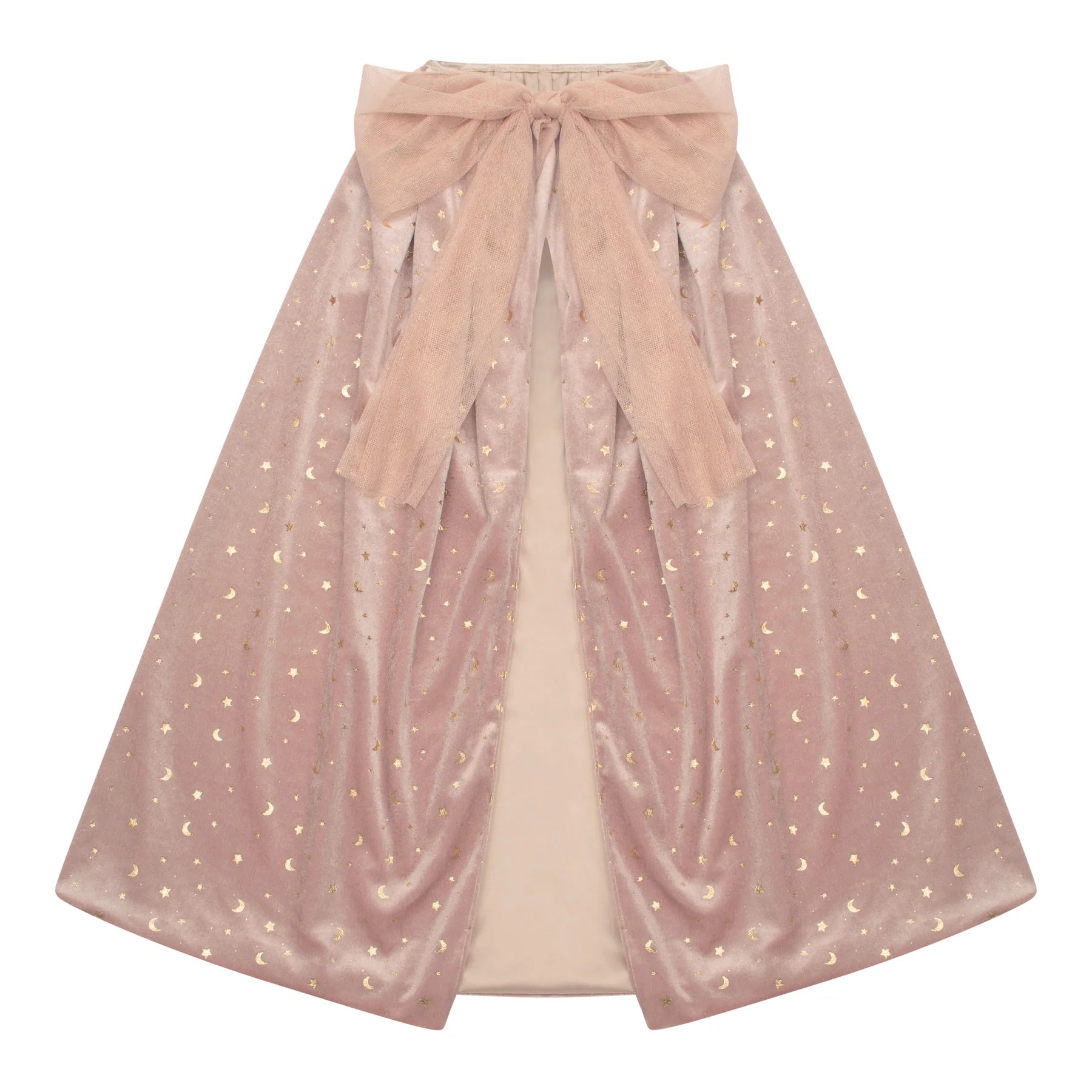 Pink cape with star pattern and bow on a white background