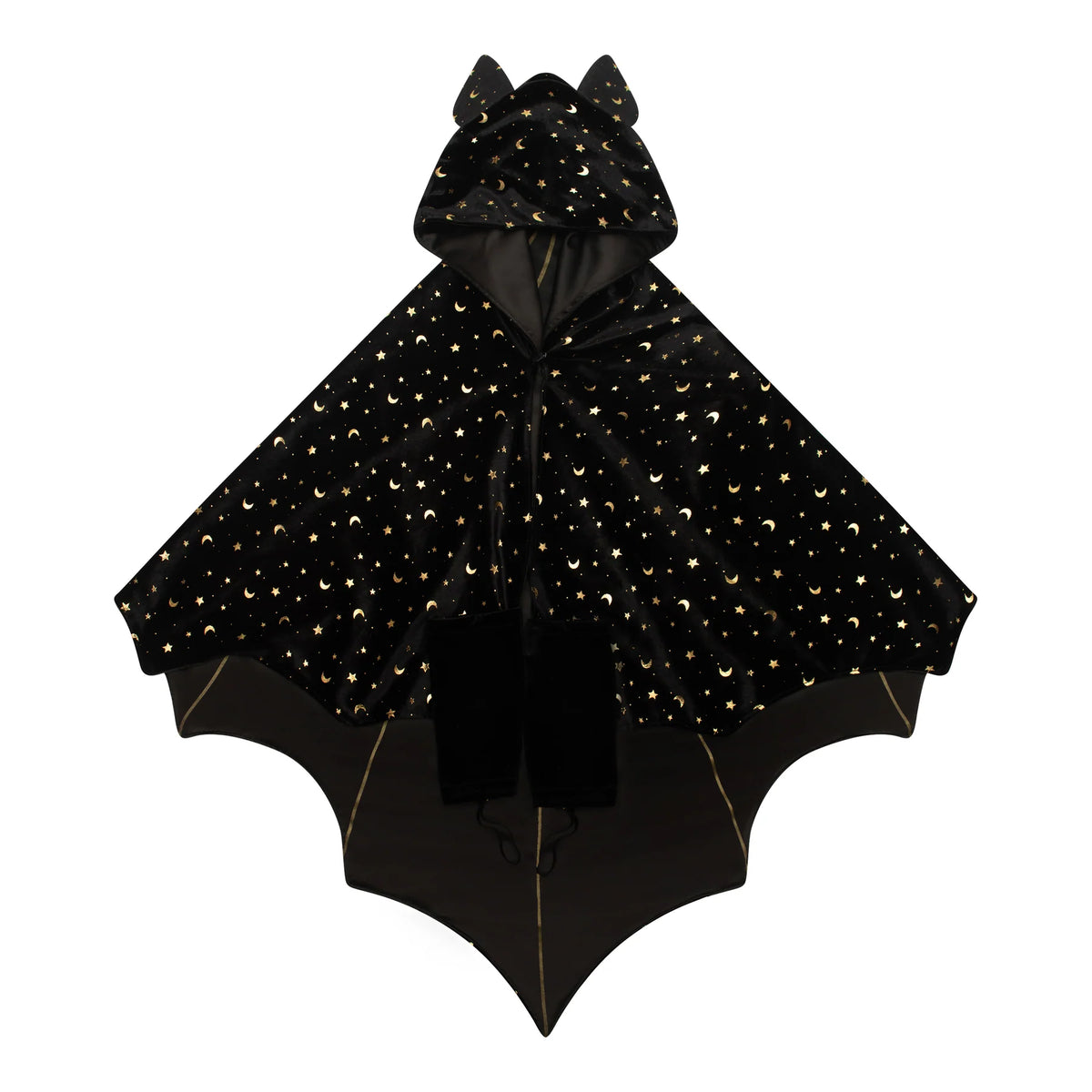 Black bat-shaped cape with gold embellishments on a white background