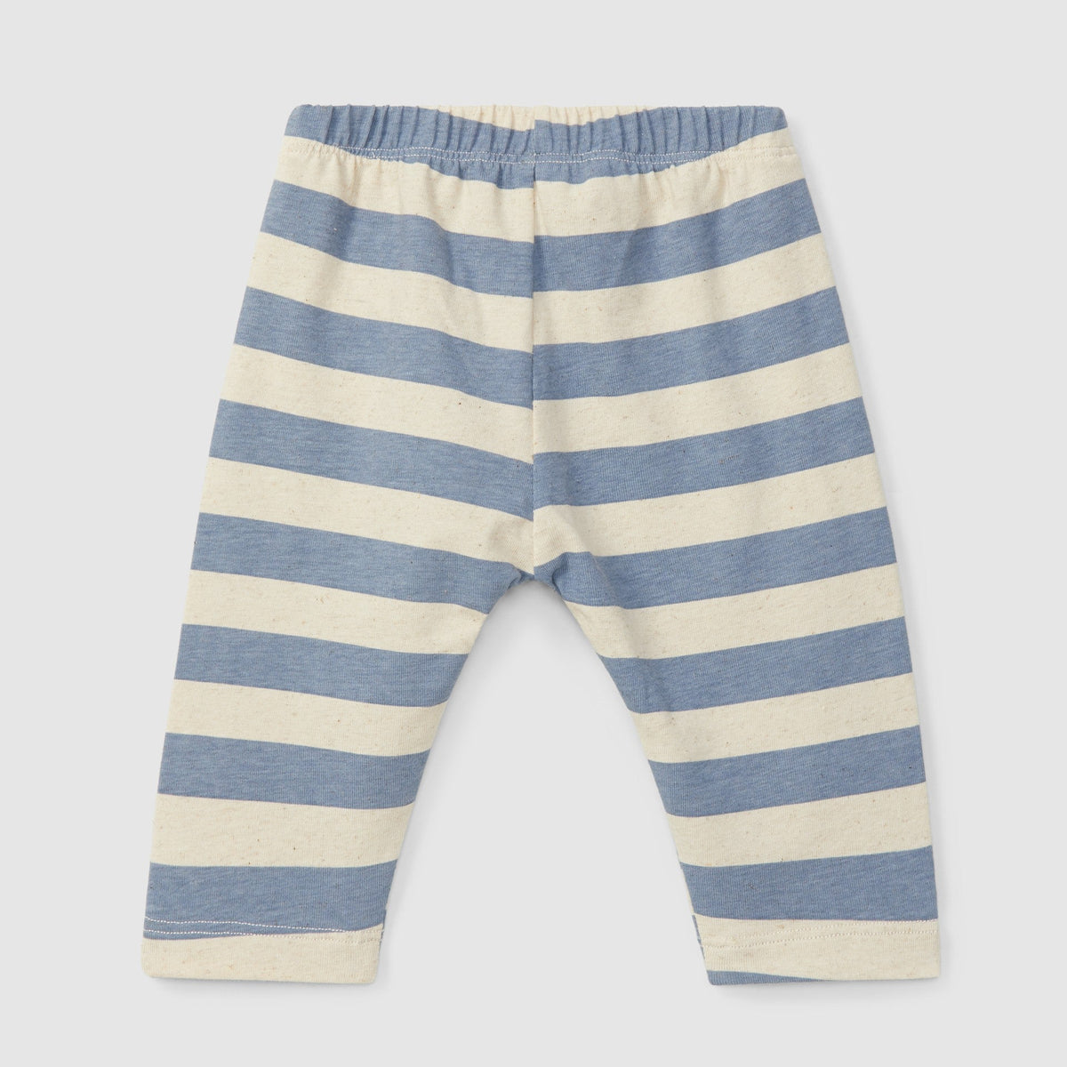 Blue and white striped baby pants on a light gray background