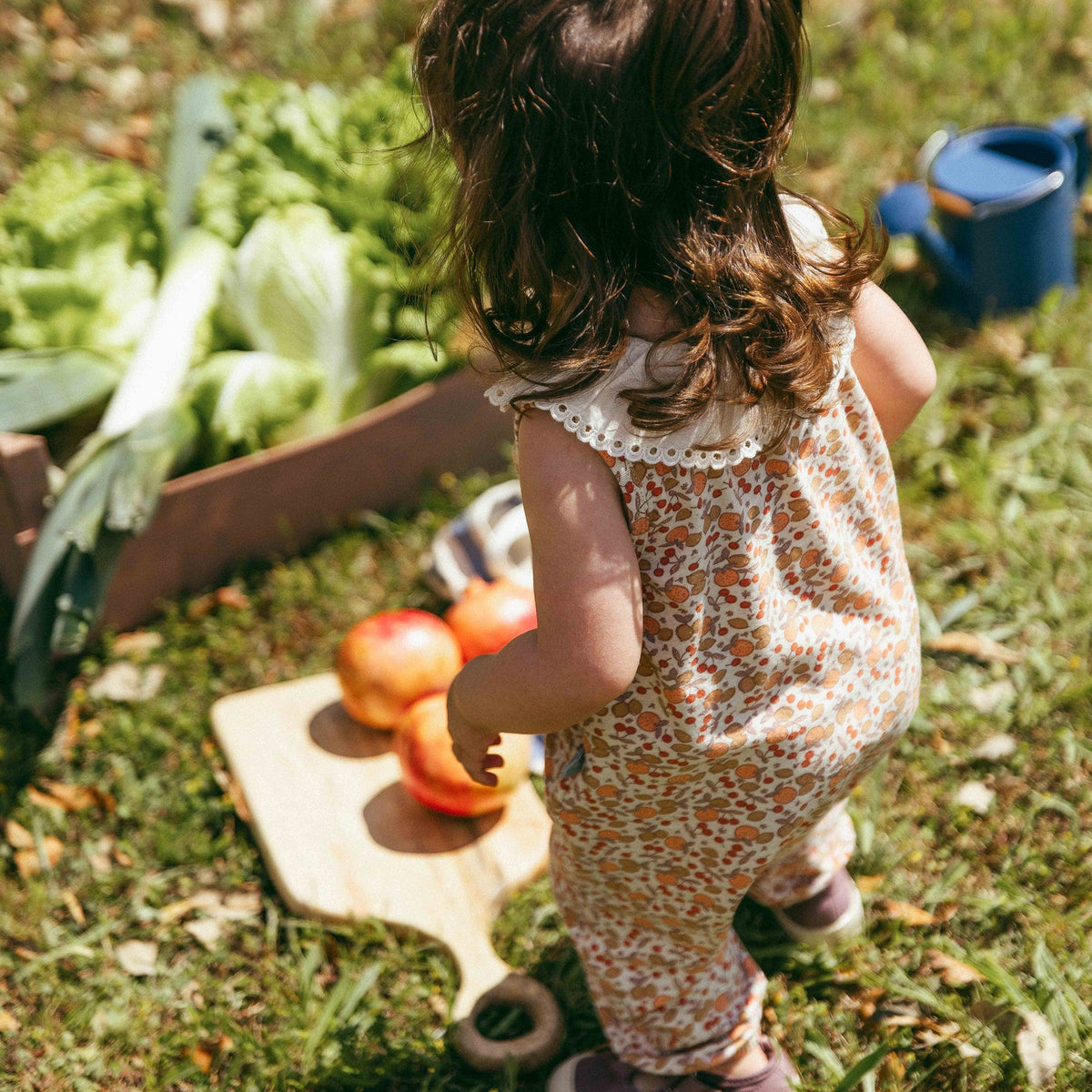 Child in a garden with vegetables and gardening tools