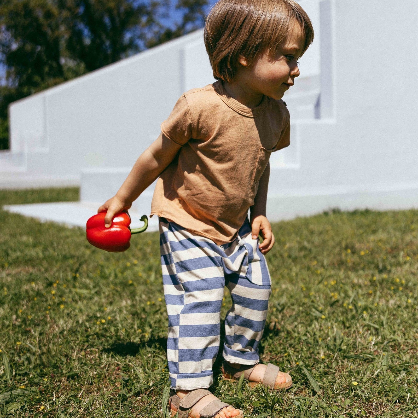 Child holding a red toy in a grassy area with a white wall and trees in the background