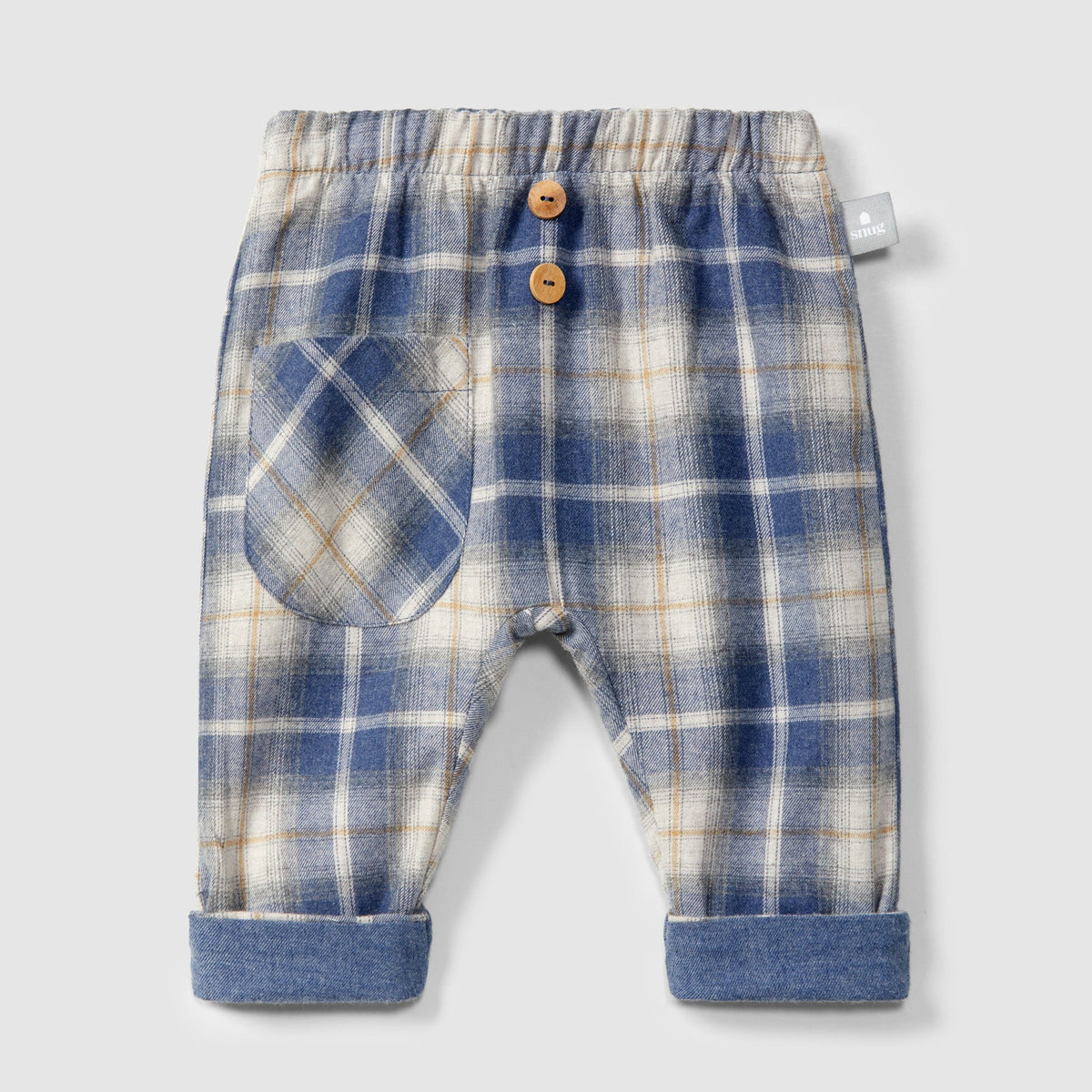 A pair of baby pants in a blue, white, and gray plaid pattern, featuring an elastic waistband and leg cuffs.