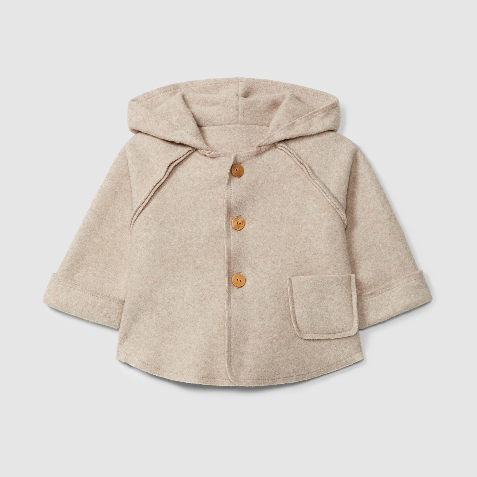 A light beige hooded jacket with three brown buttons and a front patch pocket, displayed on a neutral light gray background.