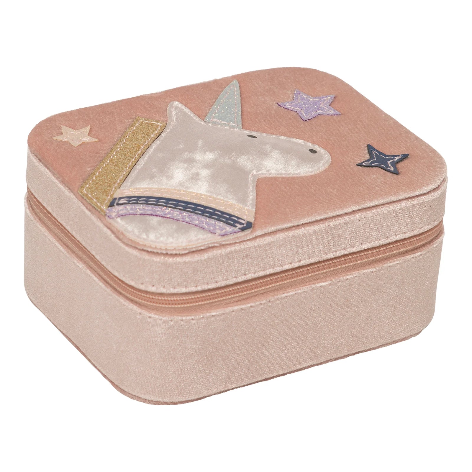 Pink jewelry box with unicorn design on a white background