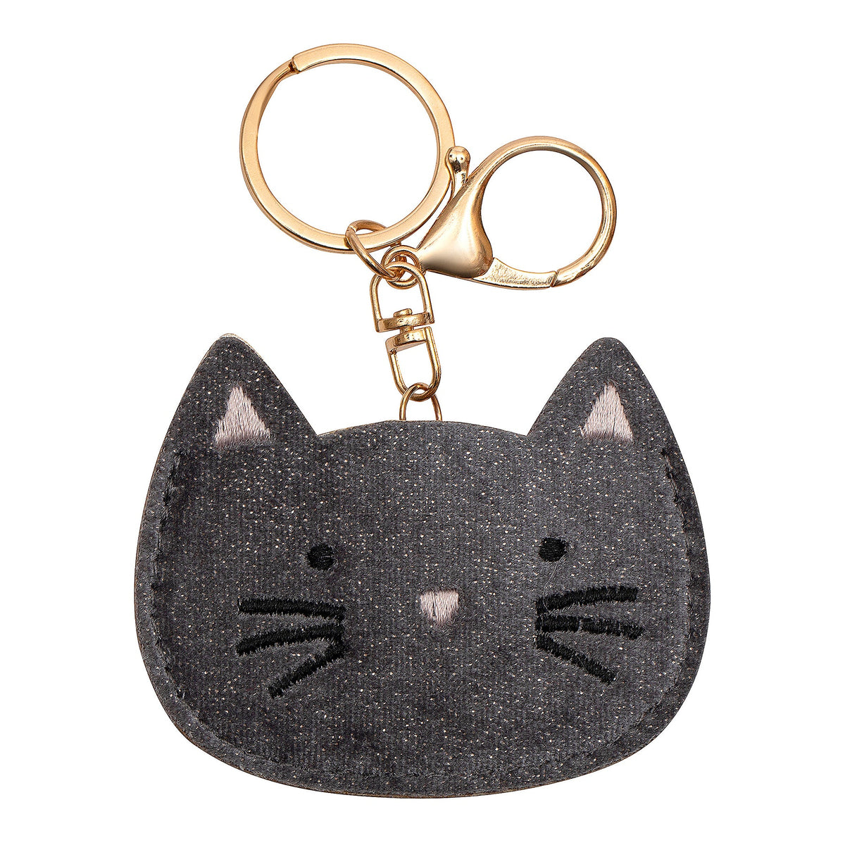 Cat-shaped keychain with gold ring on a white background