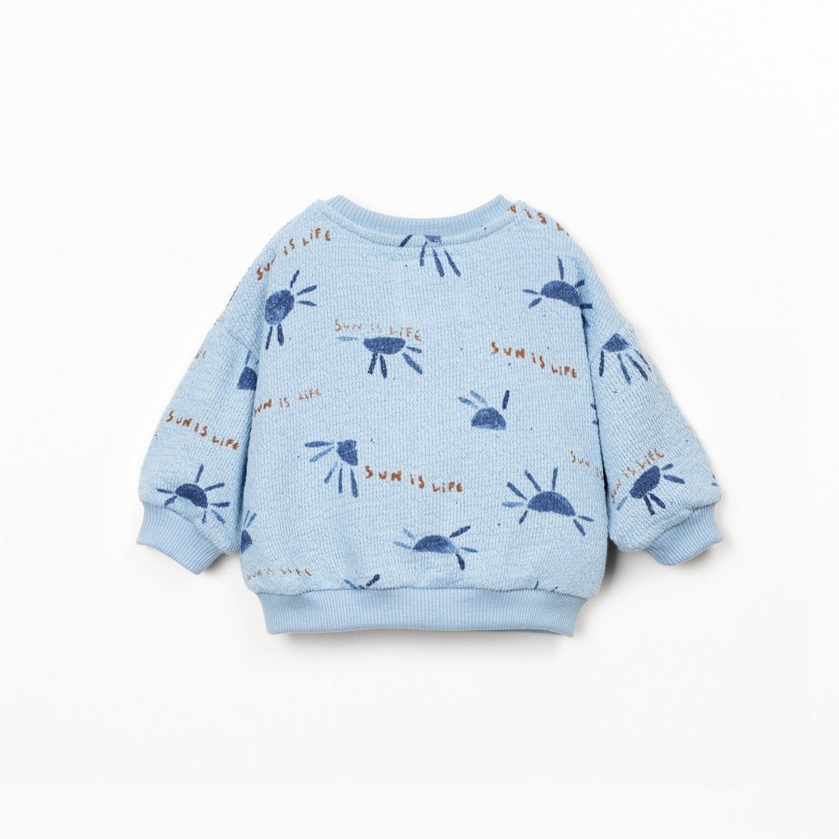 Light blue children's sweatshirt with printed designs on a white background