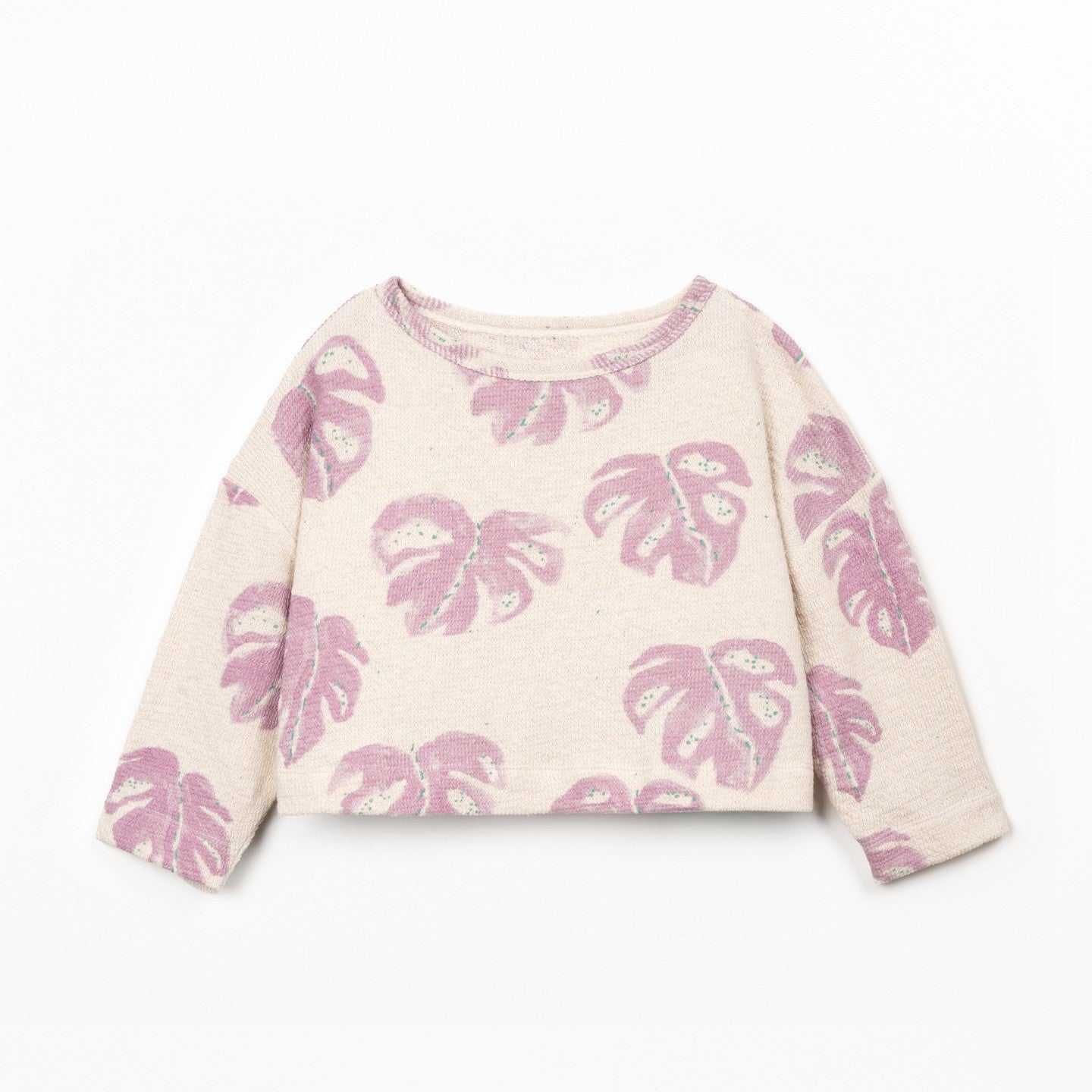 Pink leaf-patterned long-sleeve shirt on a white background