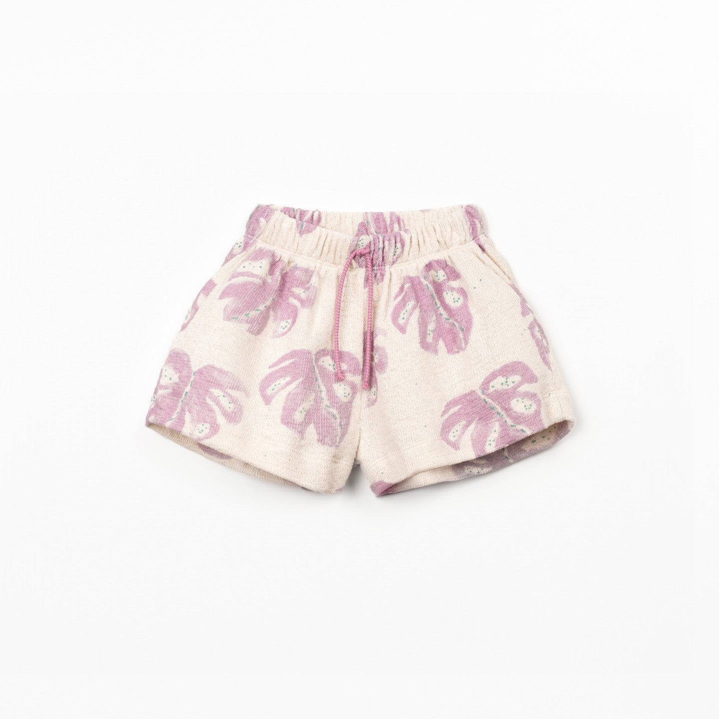 Shorts with pink leaf pattern on a white background