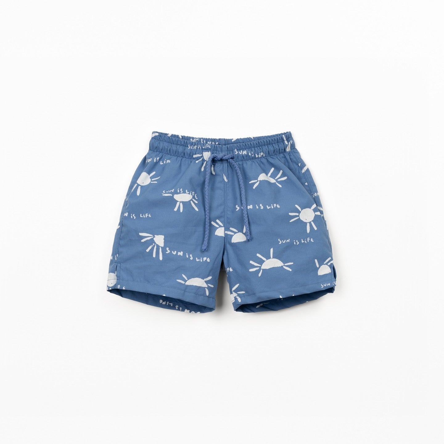 Blue shorts with white patterns on a white background