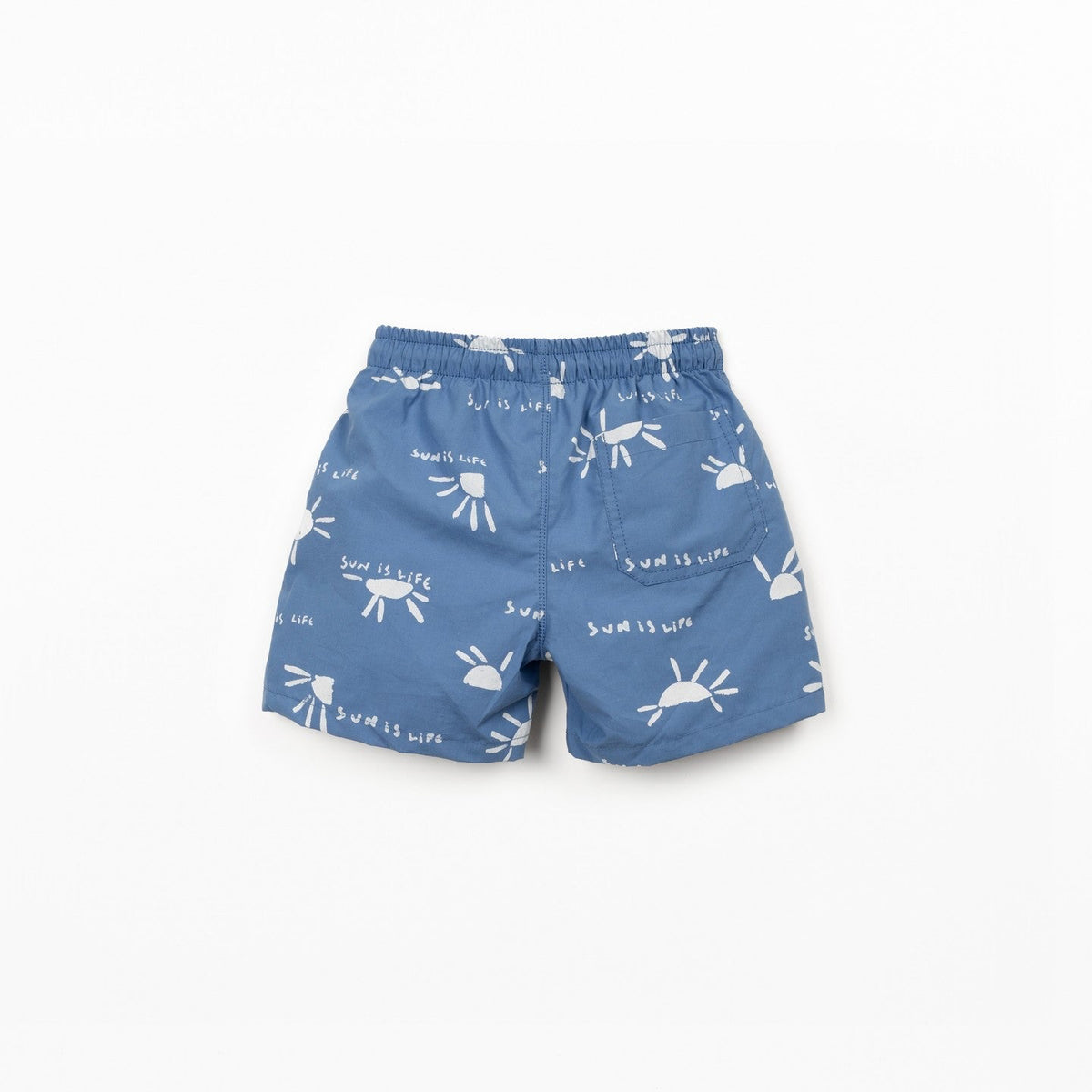 Blue shorts with white patterns on a white background