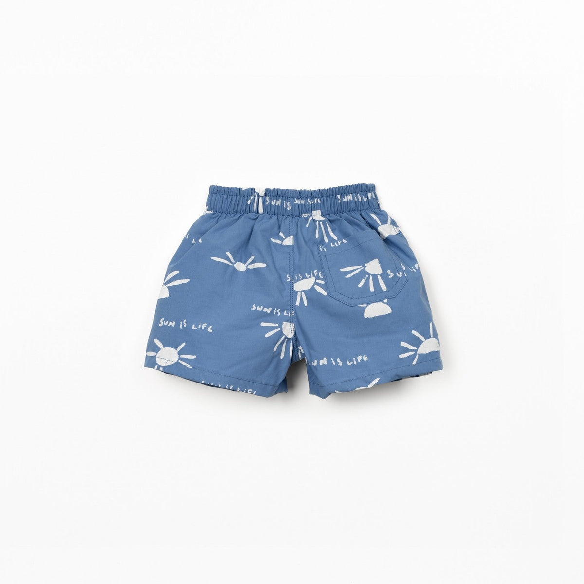Blue children's swim  shorts with white patterns on a white background