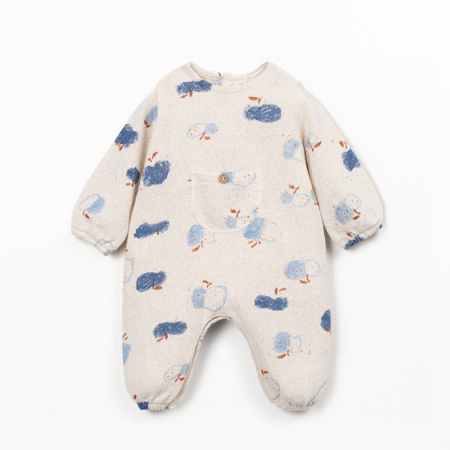 Baby romper with pink and purple apple pattern on a white background