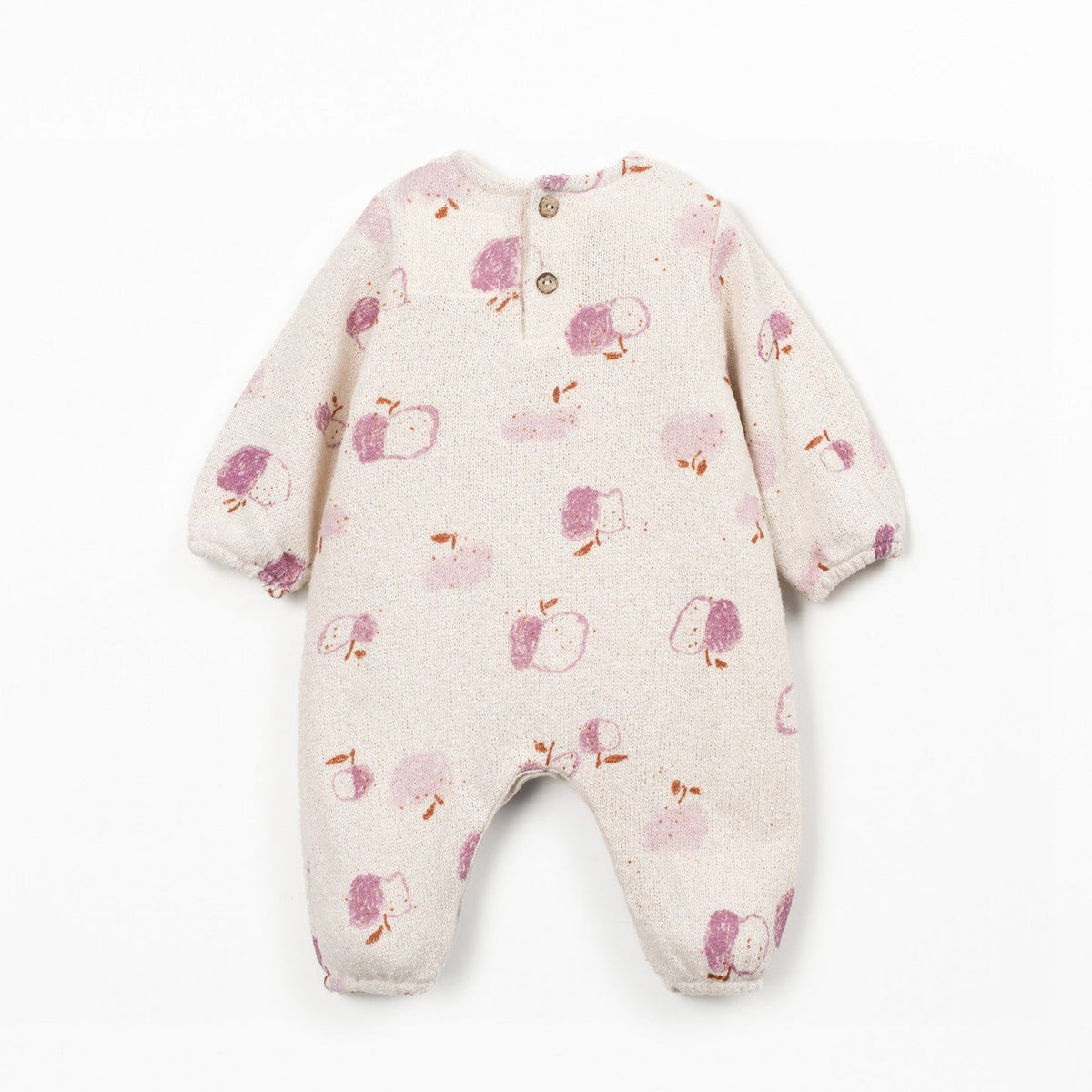 Baby romper with pink apple pattern on a white background