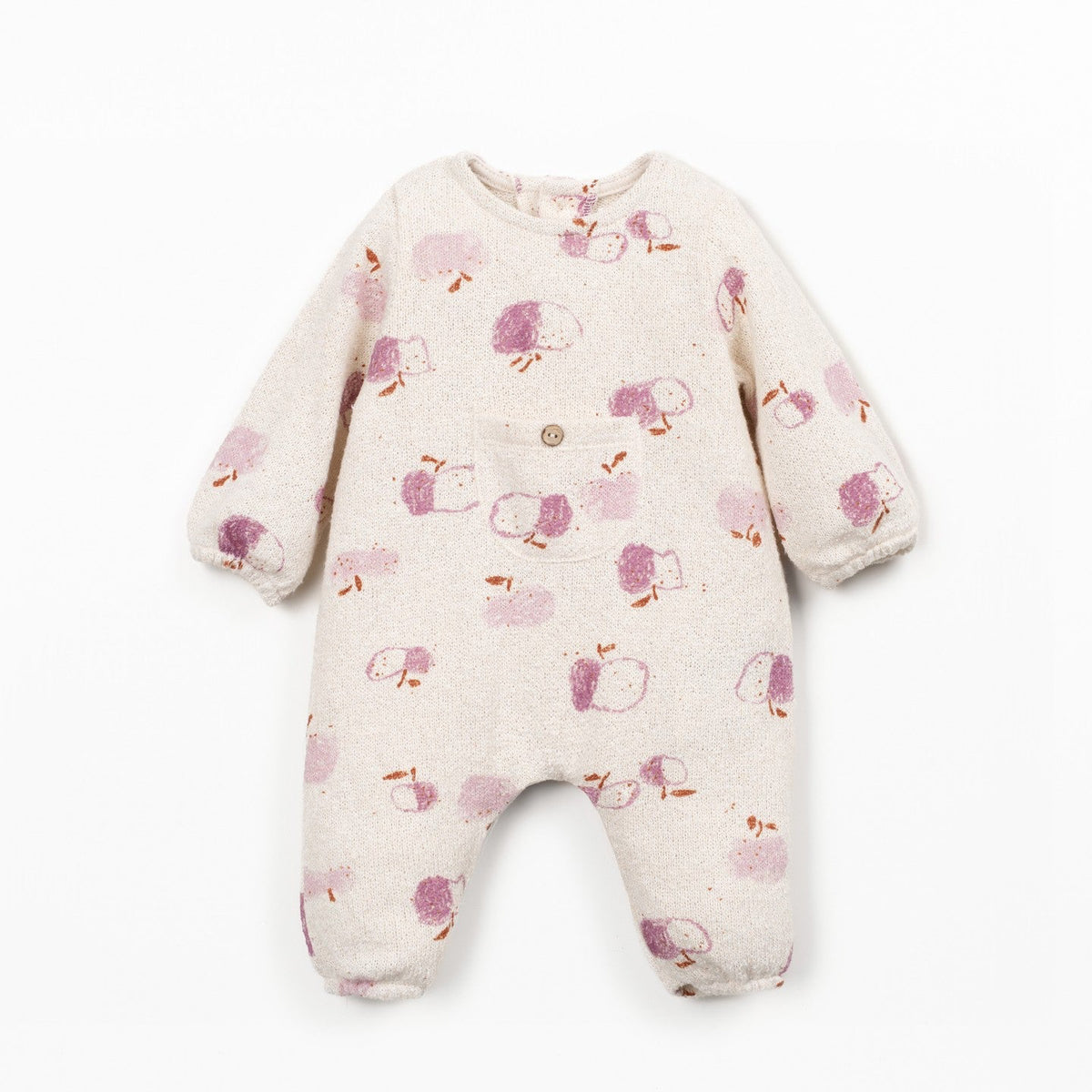 Baby romper with pink and purple apple pattern on a white background