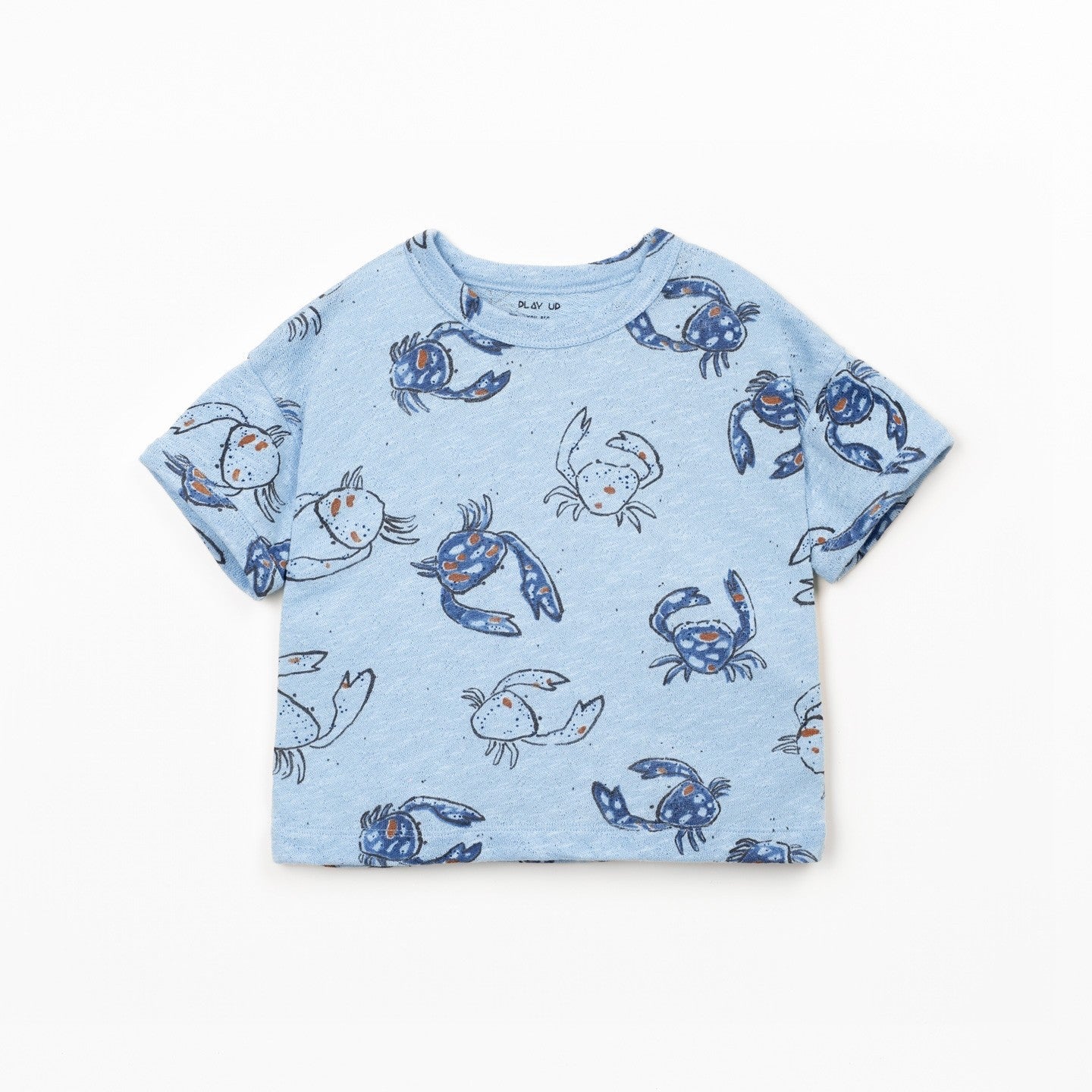 Blue t-shirt with crab pattern on a white background