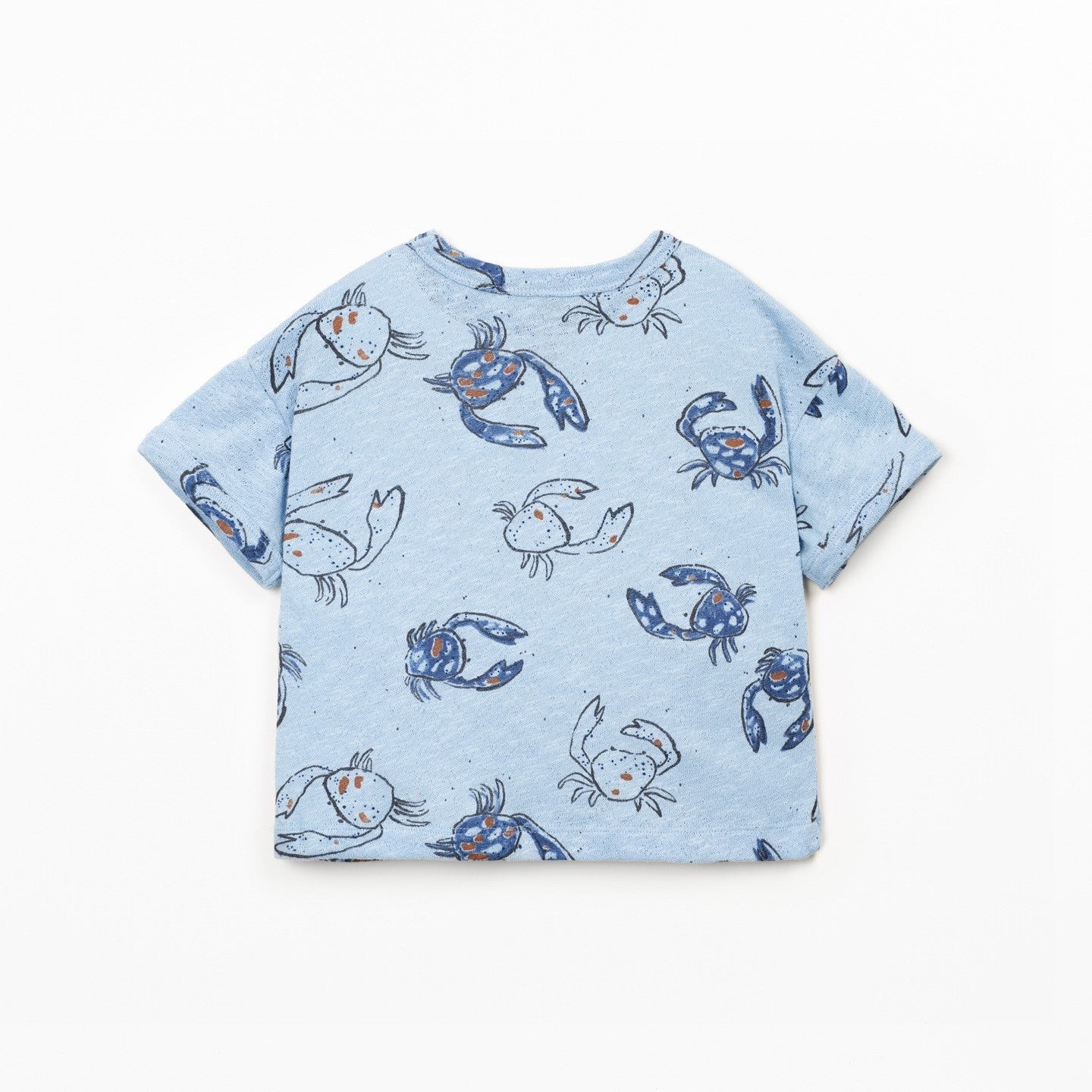Blue t-shirt with crab pattern on a white background