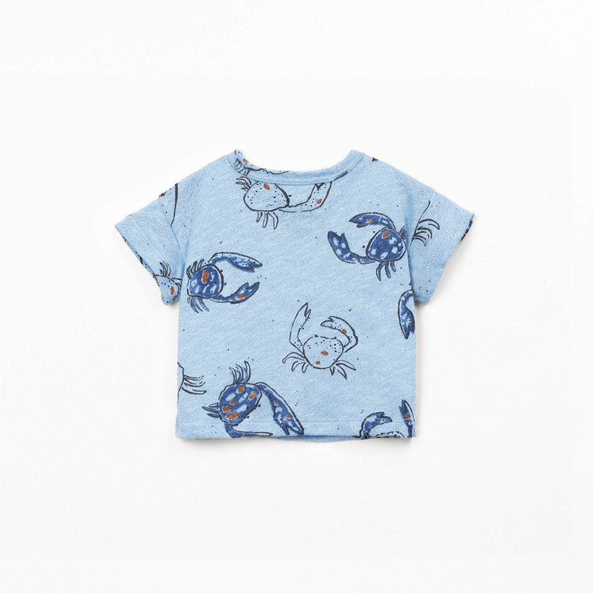 Blue t-shirt with crab pattern on a white background
