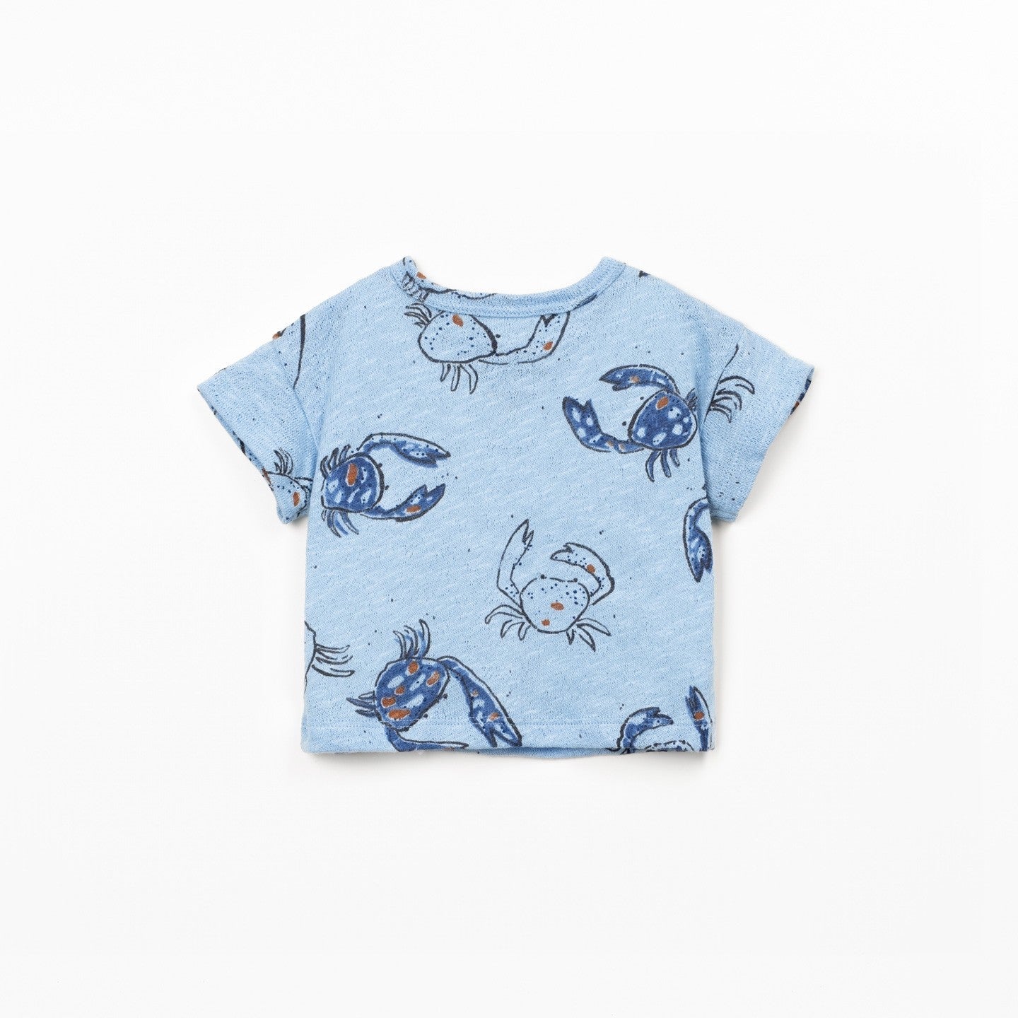 Blue t-shirt with crab pattern on a white background