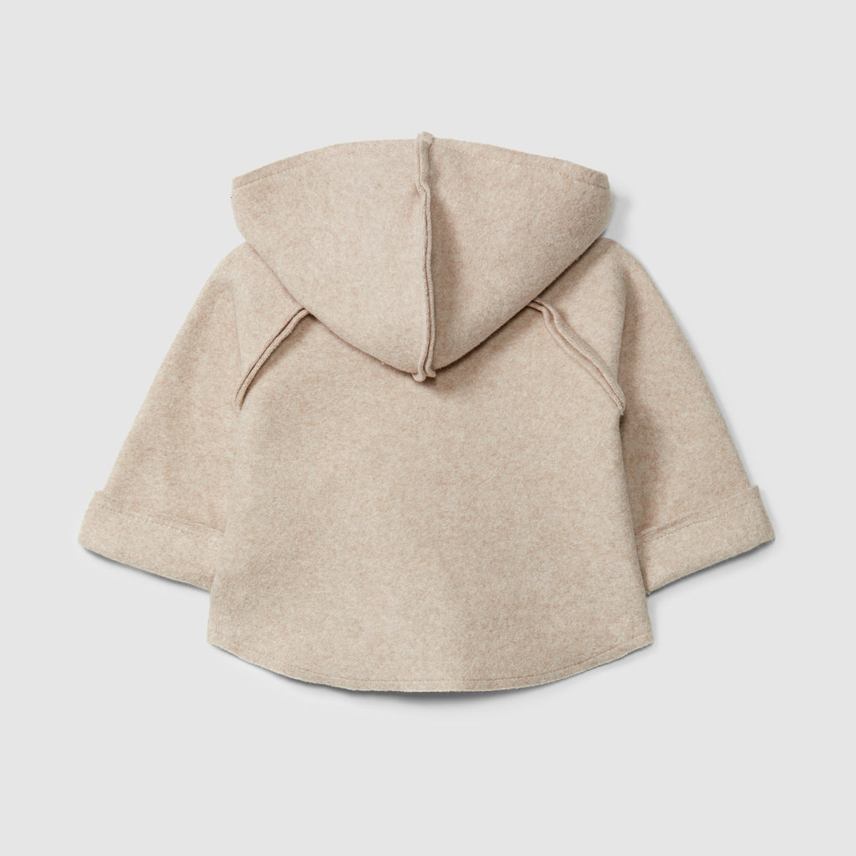 A light beige hooded sweatshirt shown from the back, featuring a central seam and drawstring details, photographed on a neutral light gray background.