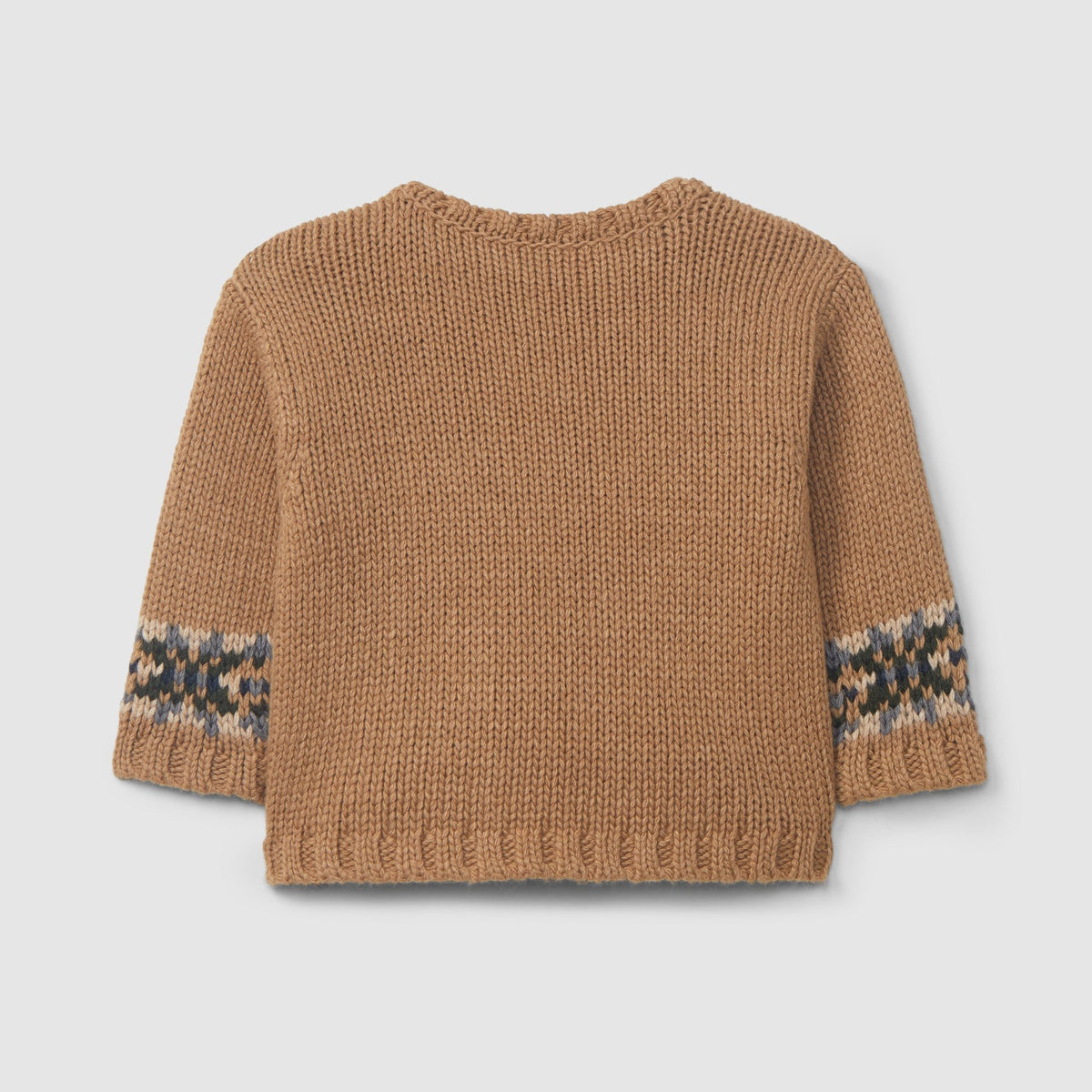 A tan knit sweater shown from the back, featuring a crew neck and long sleeves with a small geometric patterned cuff in dark blue, beige, and white.