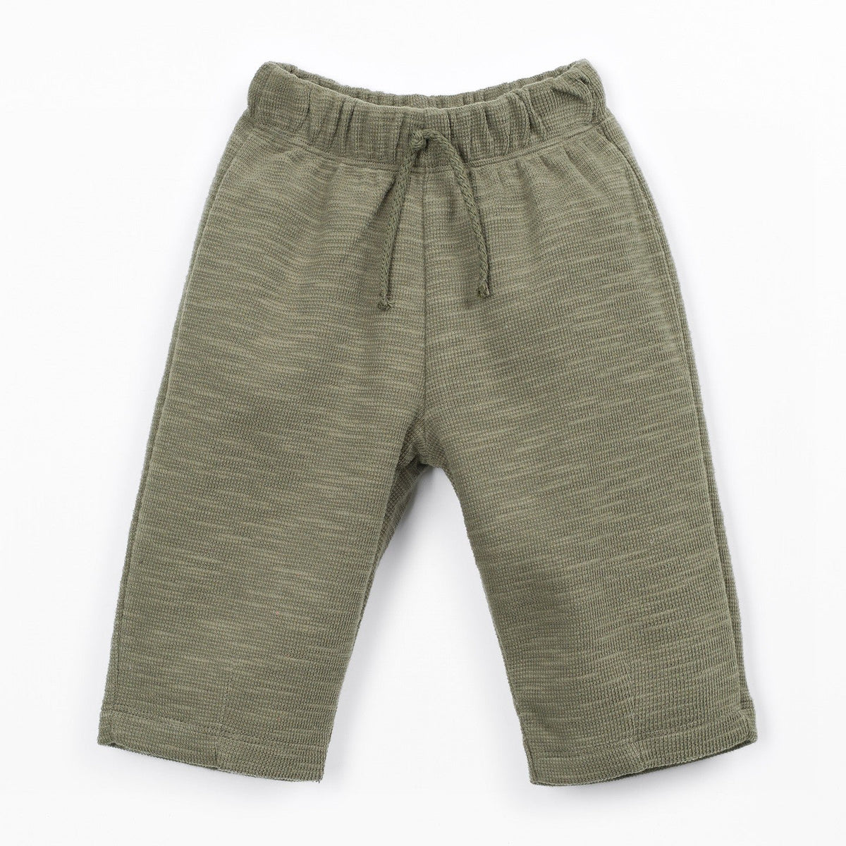 A pair of children's knit pants in a heathered olive green color, featuring an elastic waistband and a matching drawstring, laid flat against a white background.