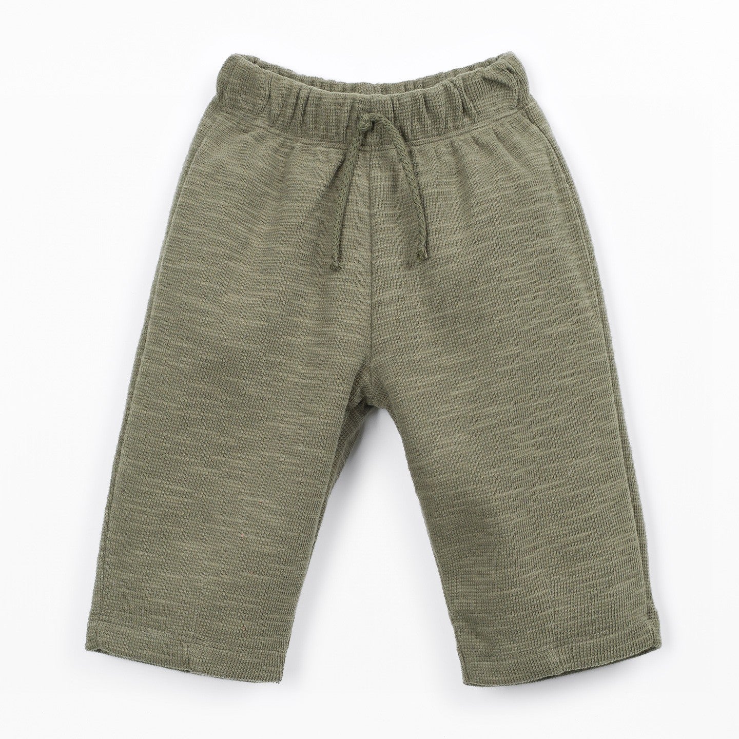 A pair of children's knit pants in a heathered olive green color, featuring an elastic waistband and a matching drawstring, laid flat against a white background.
