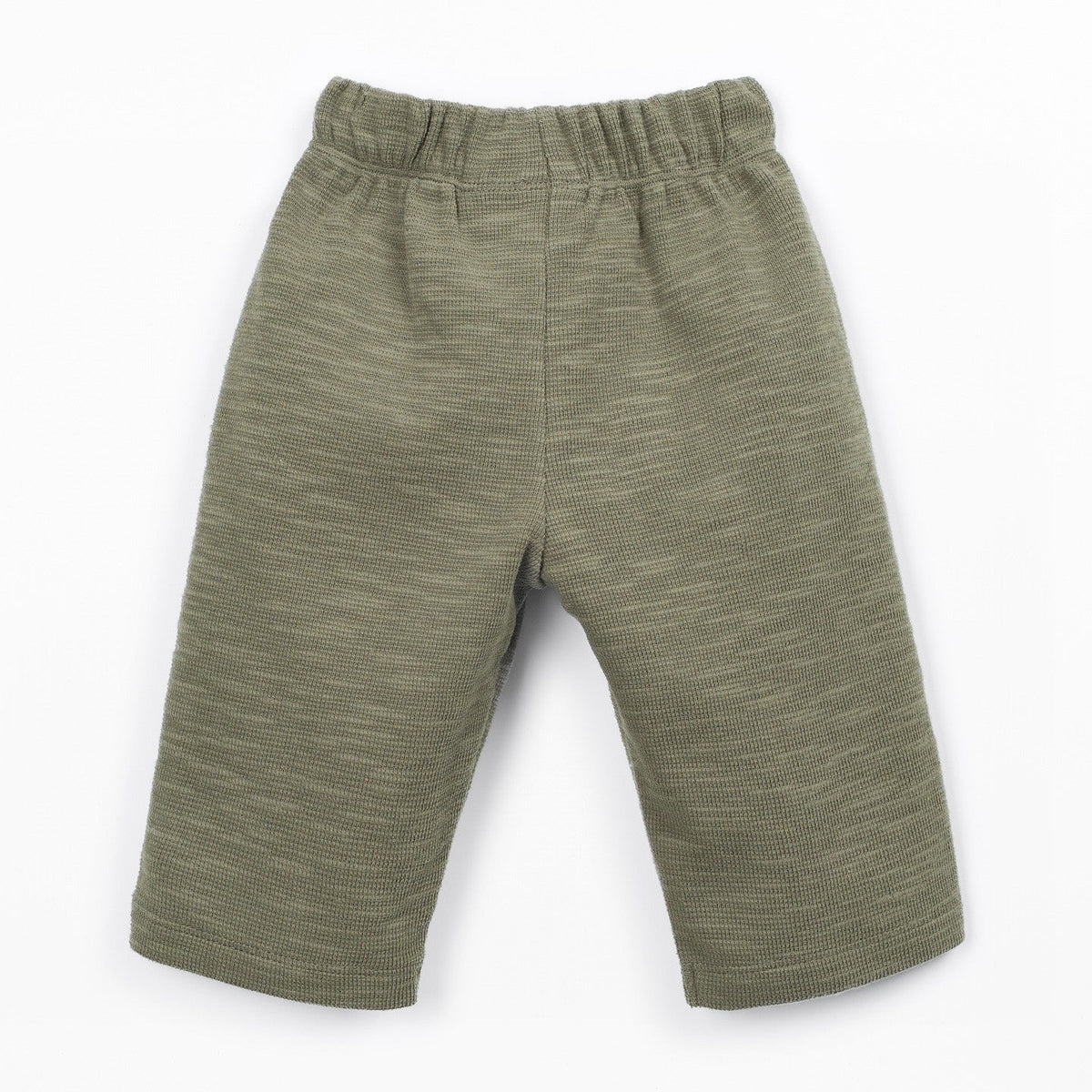 A pair of toddler's knit shorts in a heathered olive green color, featuring an elastic waistband, shown against a plain white background.