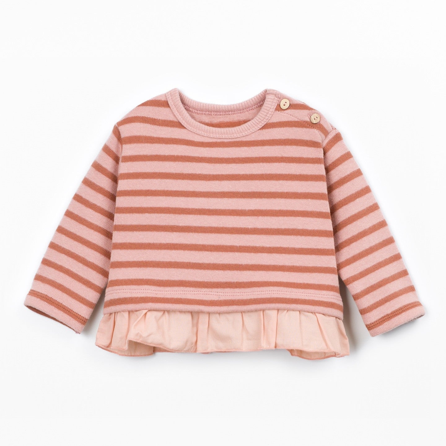 A long-sleeve knit top featuring horizontal stripes in dusty rose and light pink, with a ruffled hem and two small decorative buttons on the shoulder, shown against a plain white background.
