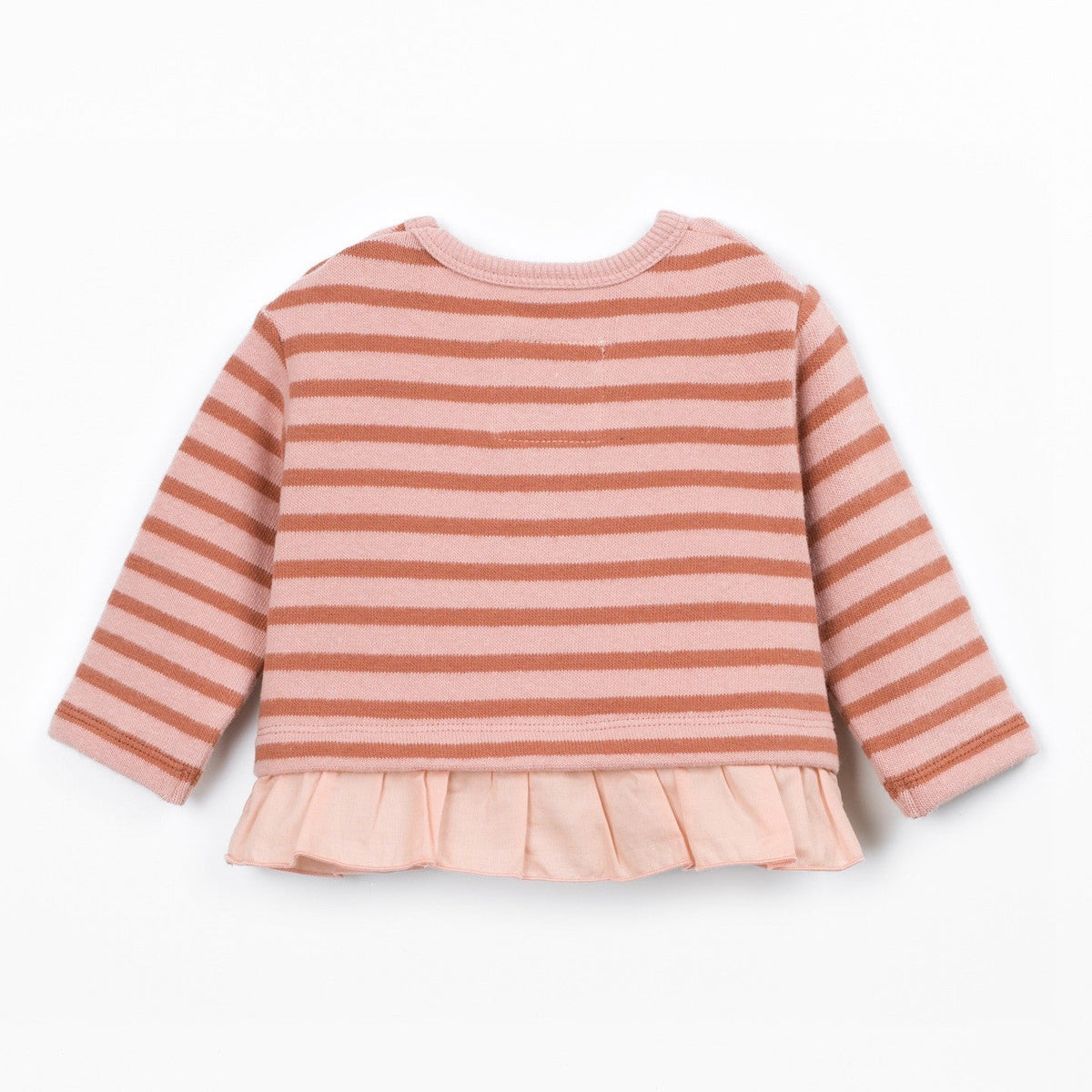 A pink and peach striped long-sleeve top with a ruffled hem, shown from the back on a white background.