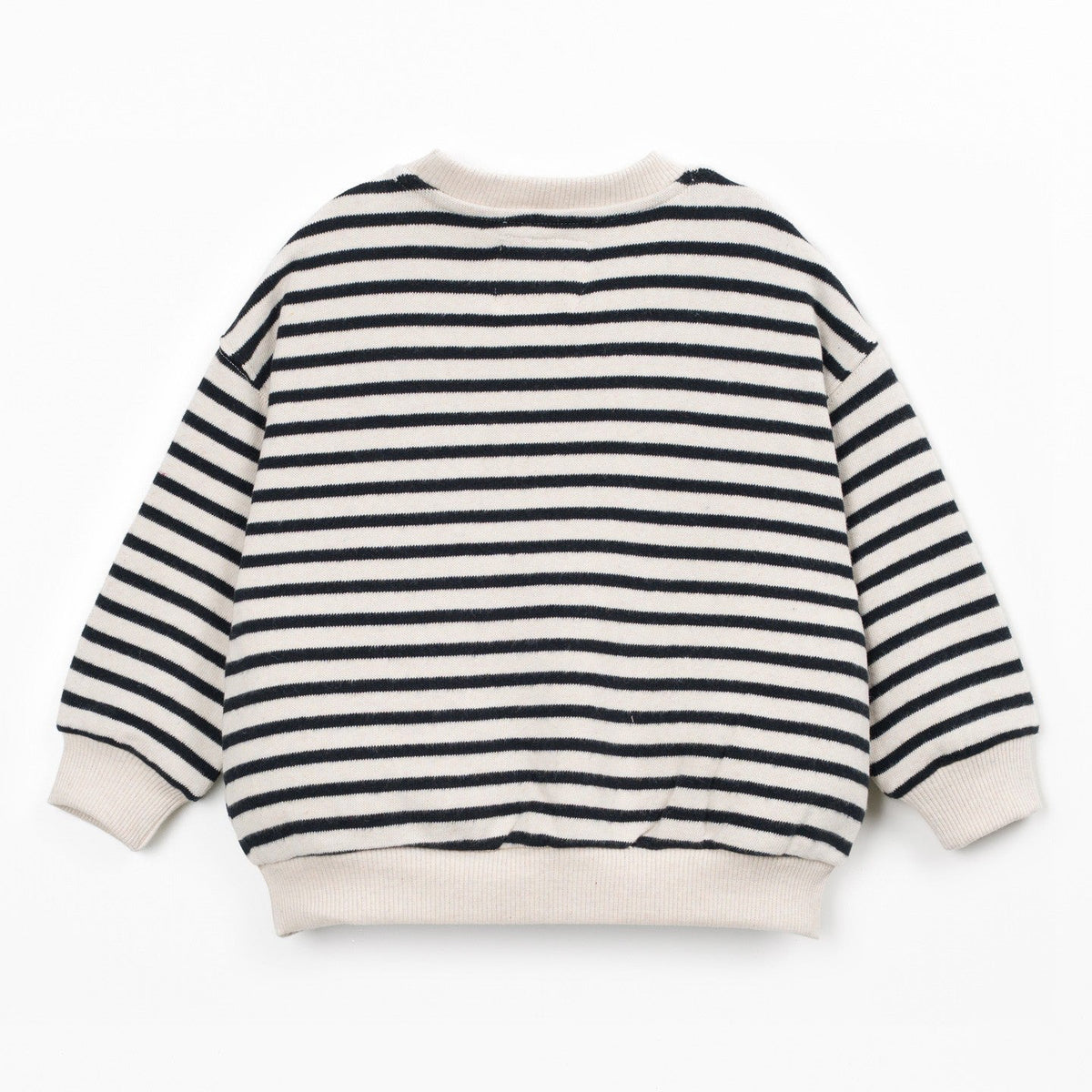 A children's long-sleeve knit sweater with horizontal black stripes on an off-white background, featuring ribbed cuffs, hem, and collar, shown from the back on a white background.
