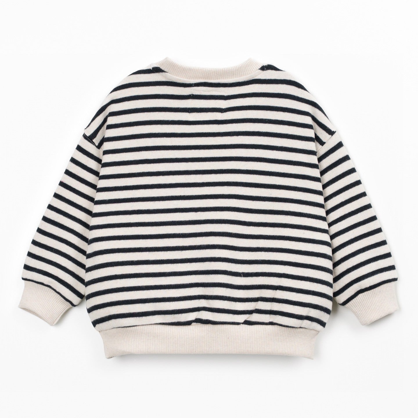 A long-sleeve crewneck sweater with horizontal black and off-white stripes, featuring ribbed cuffs, hem, and collar, displayed on a clean white background.