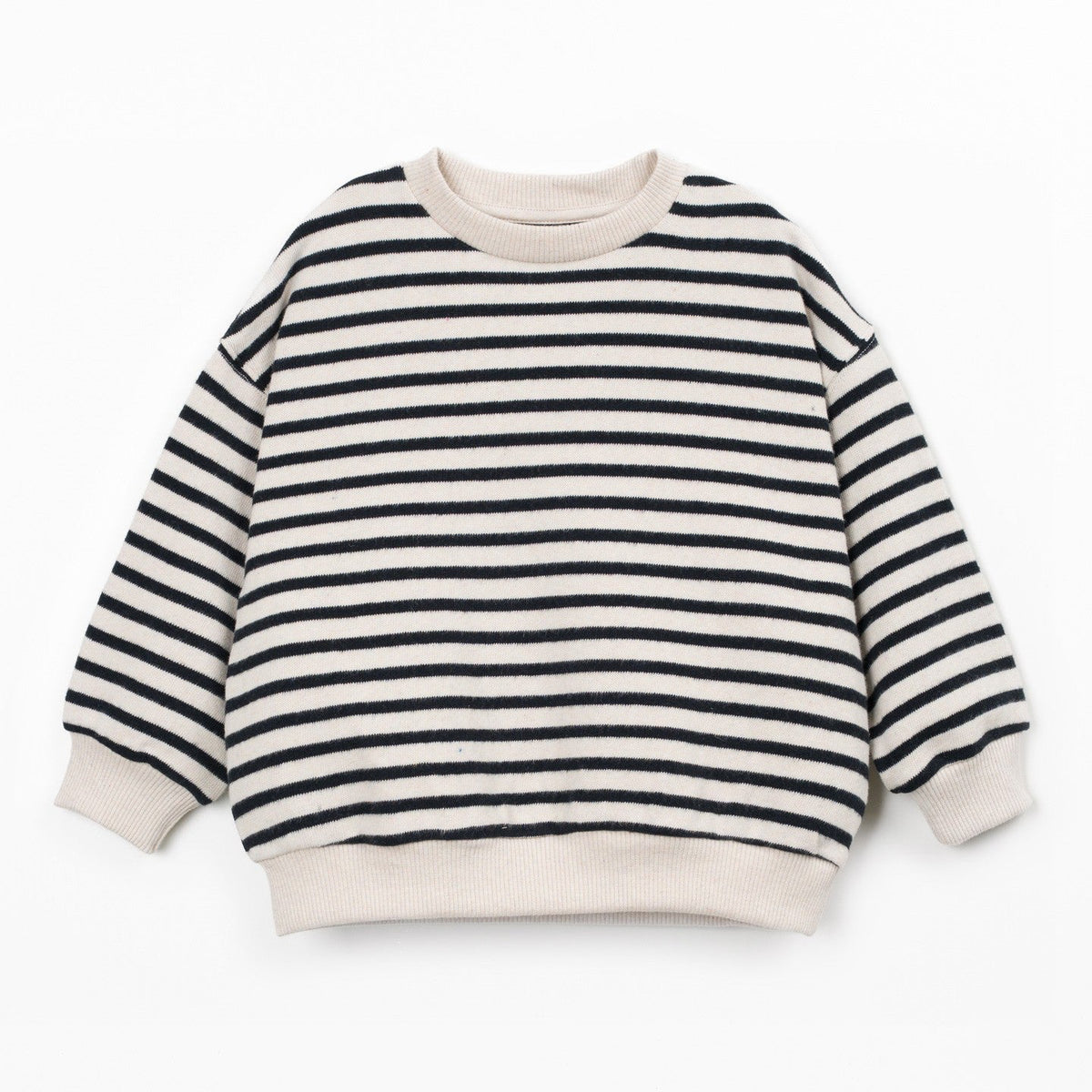 A long-sleeve crewneck sweater with horizontal black and off-white stripes, featuring ribbed cuffs, hem, and collar, displayed on a clean white background.