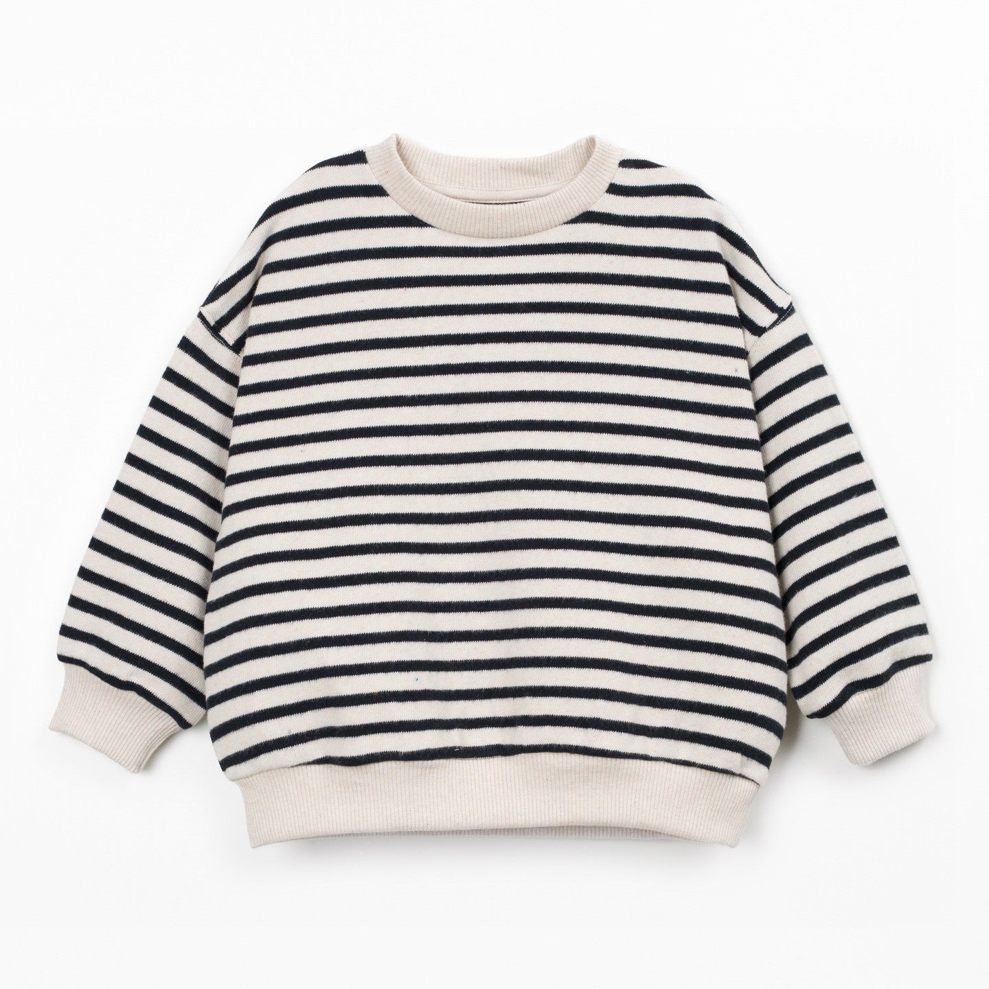 A long-sleeve crewneck sweater with horizontal black and off-white stripes, featuring ribbed cuffs, hem, and collar, displayed on a clean white background.