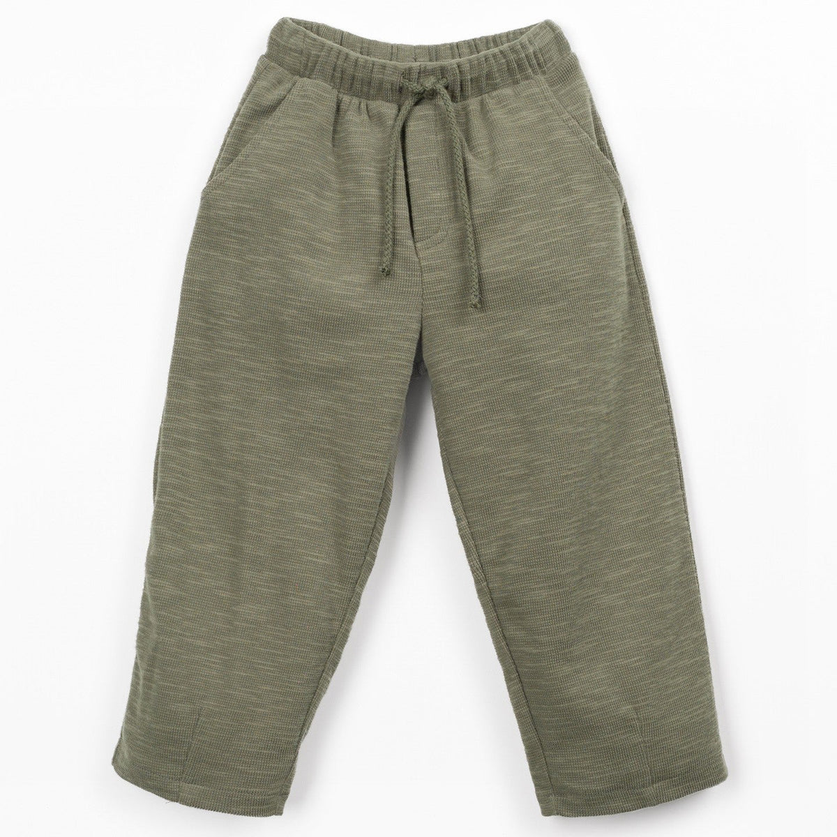 A pair of kids' olive green pants with an elastic waistband and drawstring, shown flat on a white background.