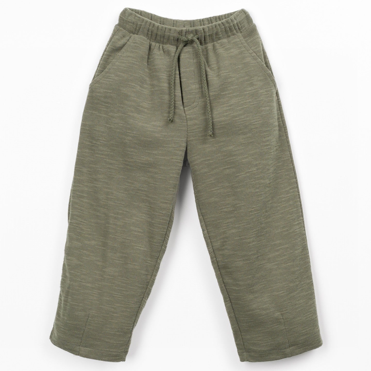A pair of kids' olive green pants with an elastic waistband and drawstring, shown flat on a white background.