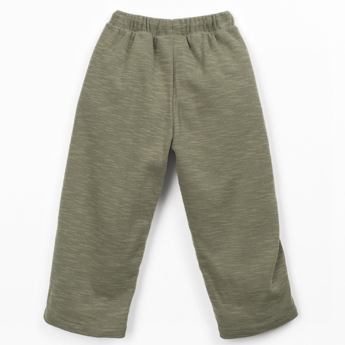 A pair of children's knit pants in a heathered olive green color, featuring an elastic waistband and a relaxed, straight-leg fit, shown flat on a white background.