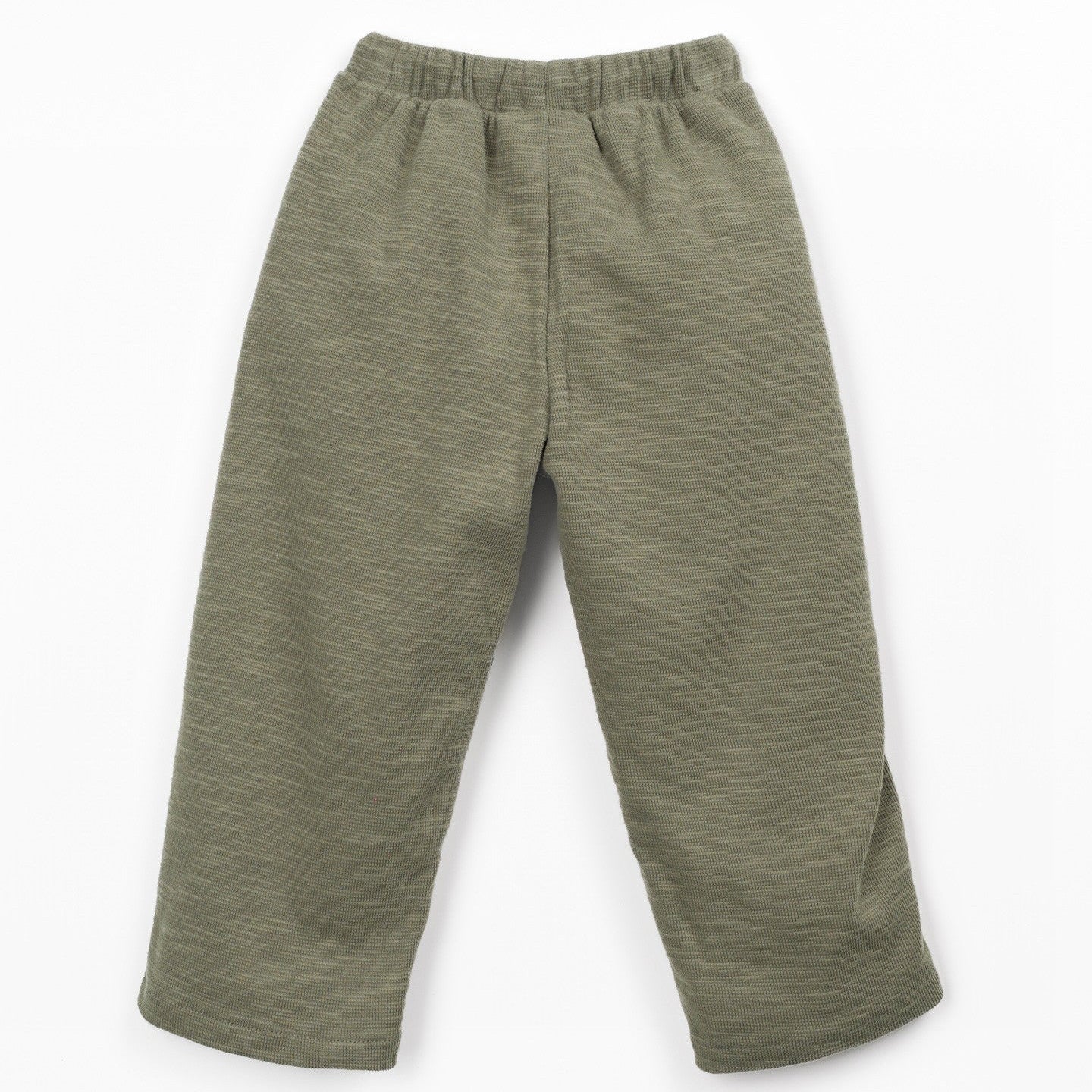 A pair of kids' olive green pants with an elastic waistband and drawstring, shown flat on a white background.