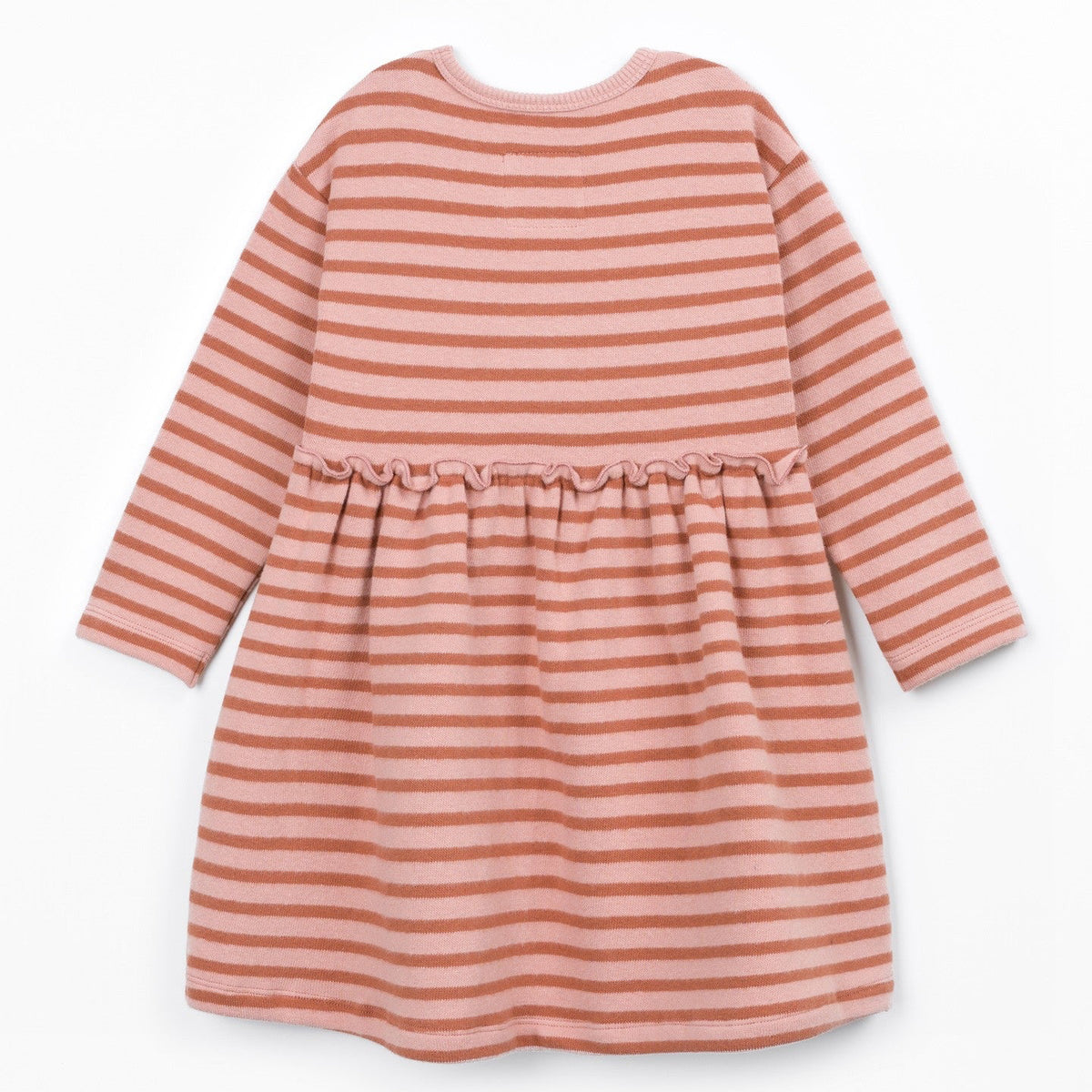 A long-sleeve children's dress with horizontal stripes in dusty pink and terracotta orange, featuring a gathered waist seam, shown against a plain white background.