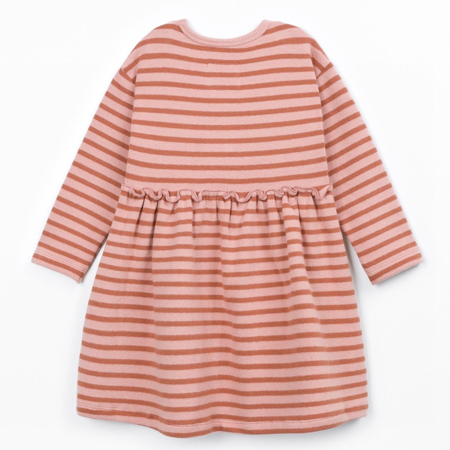 A long-sleeve baby dress with horizontal stripes in dusty pink and terracotta orange, featuring a gathered waist and a crew neckline, shown against a plain white background.