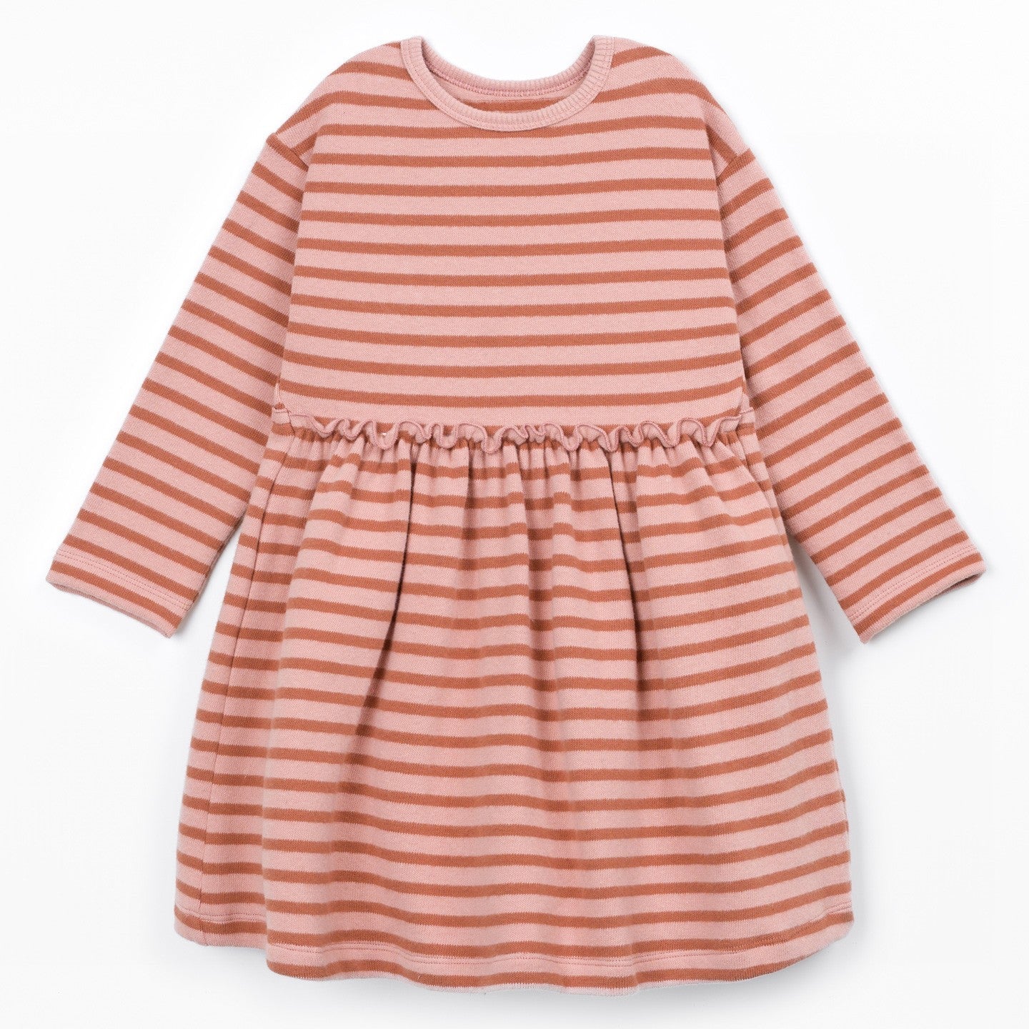 A long-sleeve baby dress with horizontal stripes in dusty pink and terracotta orange, featuring a gathered waist and a crew neckline, shown against a plain white background.