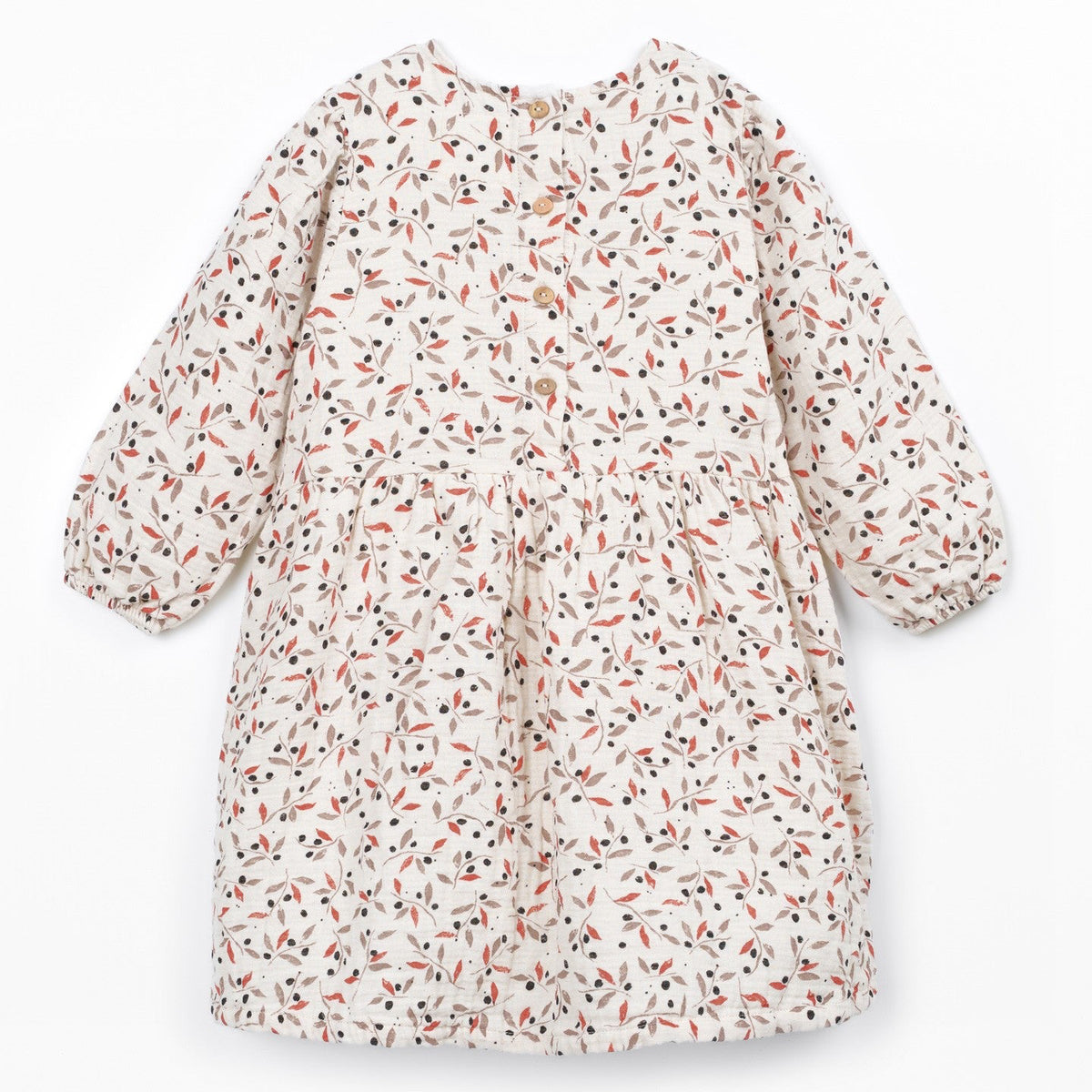 A long-sleeve dress with a gathered, quilted texture and an all-over small floral print on a cream background, featuring orange and black blossoms.