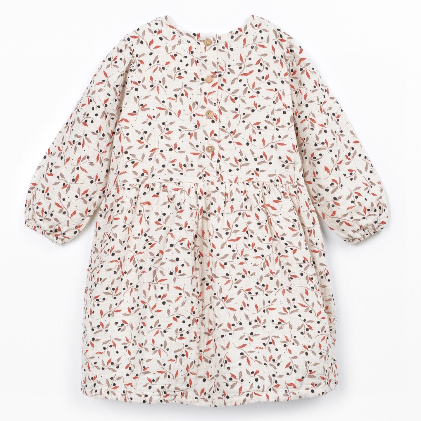 A long-sleeve dress with a dense, all-over micro-print pattern of small orange, black, and red shapes on a warm off-white background. The dress features a round neckline, a gathered waist, and a flared skirt, shown flat against a clean white background.